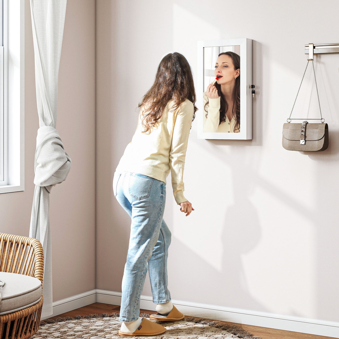 HOMCOM Jewelry Cabinet With Mirror White, Wall Mount Or Over The Door Jewelry Storage With Lock