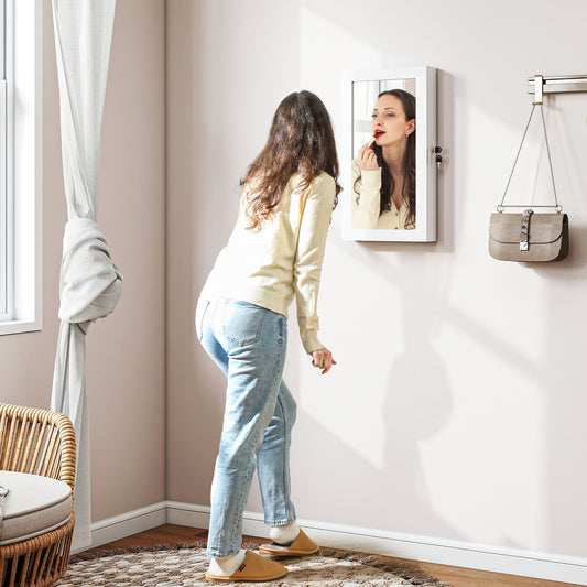 HOMCOM Jewelry Cabinet With Mirror White, Wall Mount Or Over The Door Jewelry Storage With Lock