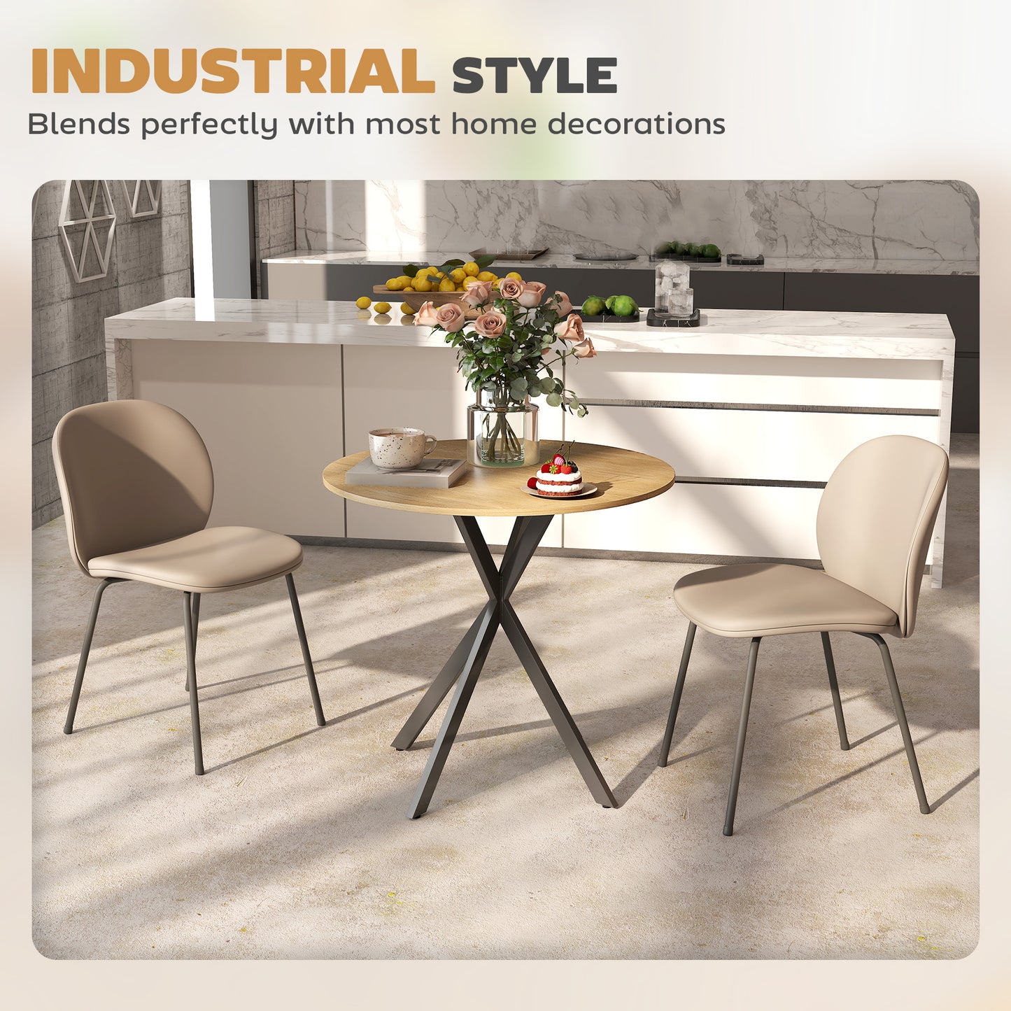 HOMCOM 80cm Round Dining Table White Oak Effect With Black Legs Industrial Style