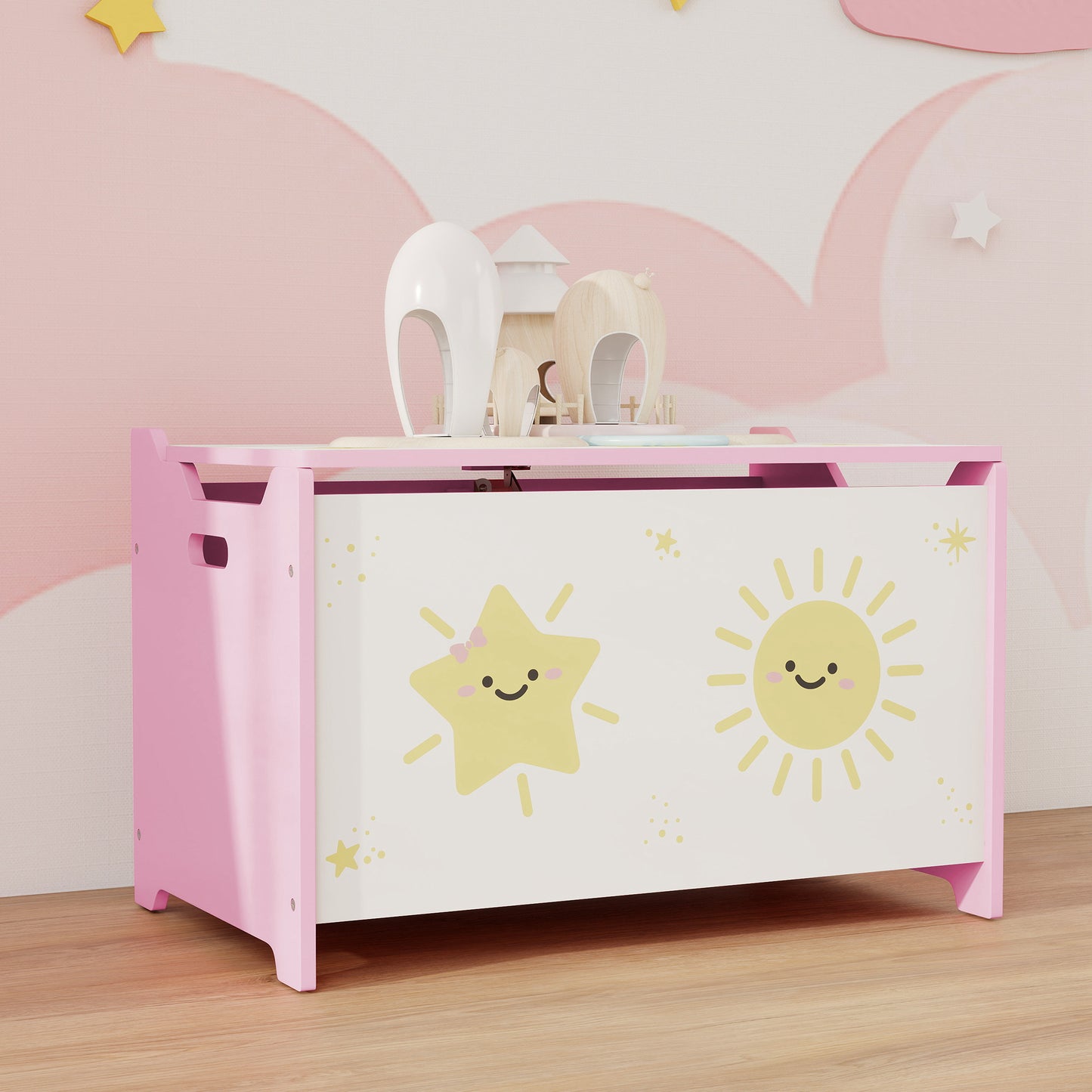 AIYAPLAY Toy Box Lid Safety Hinges Groove Handles Pink Living Room Playroom Storage Organizer For Toys Books Clothes
