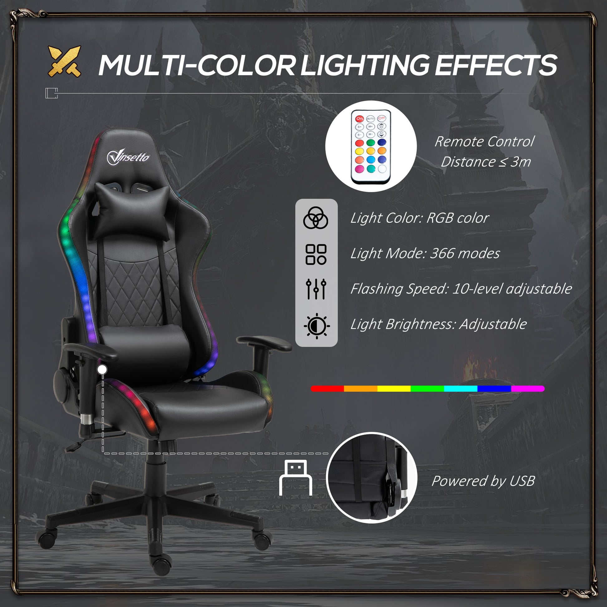 Vinsetto RGB LED Gaming Office Chair with Adjustable Height, 2D Armrests, and Lumbar Support for Ultimate Comfort - ALL4U RETAILER LTD