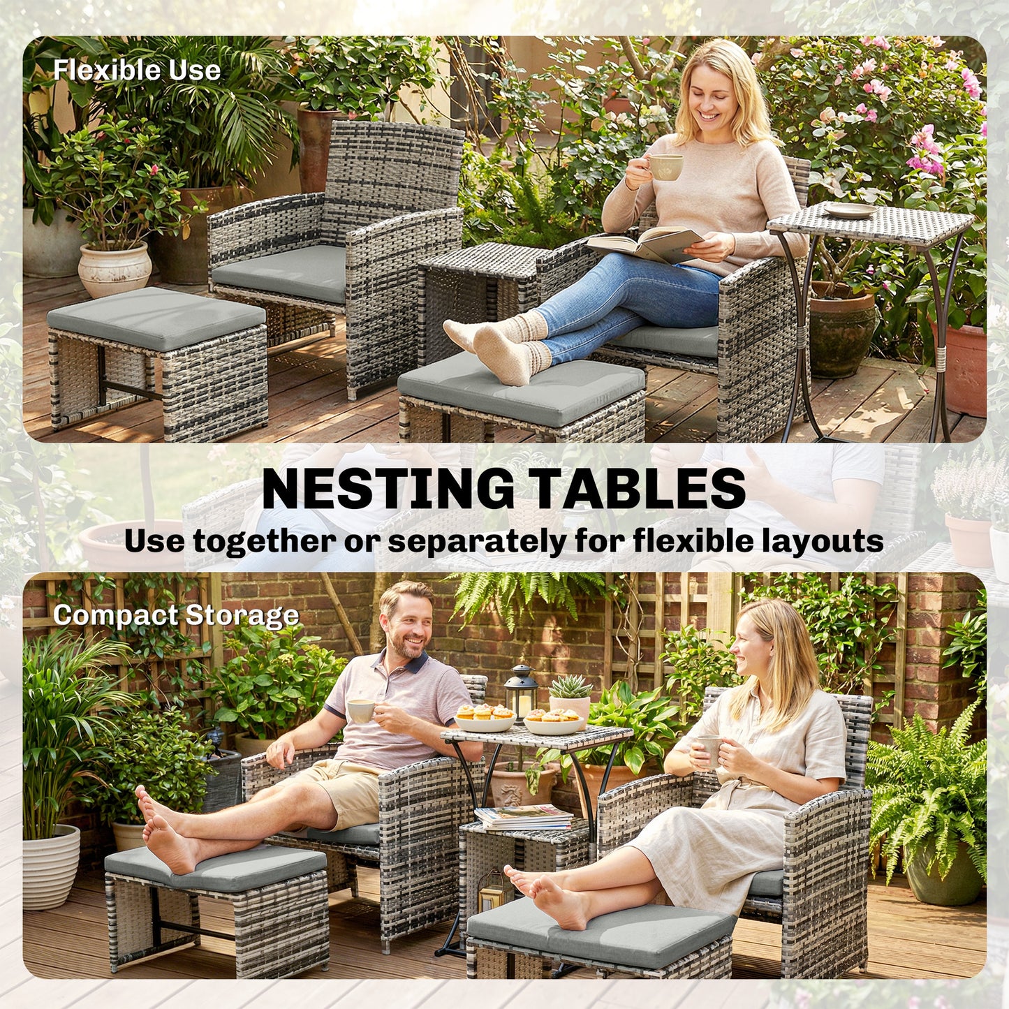 Outsunny 6 Piece Rattan Garden Furniture Set With Nesting Tables Chairs Stools Cushions Grey Patio Outdoor Living