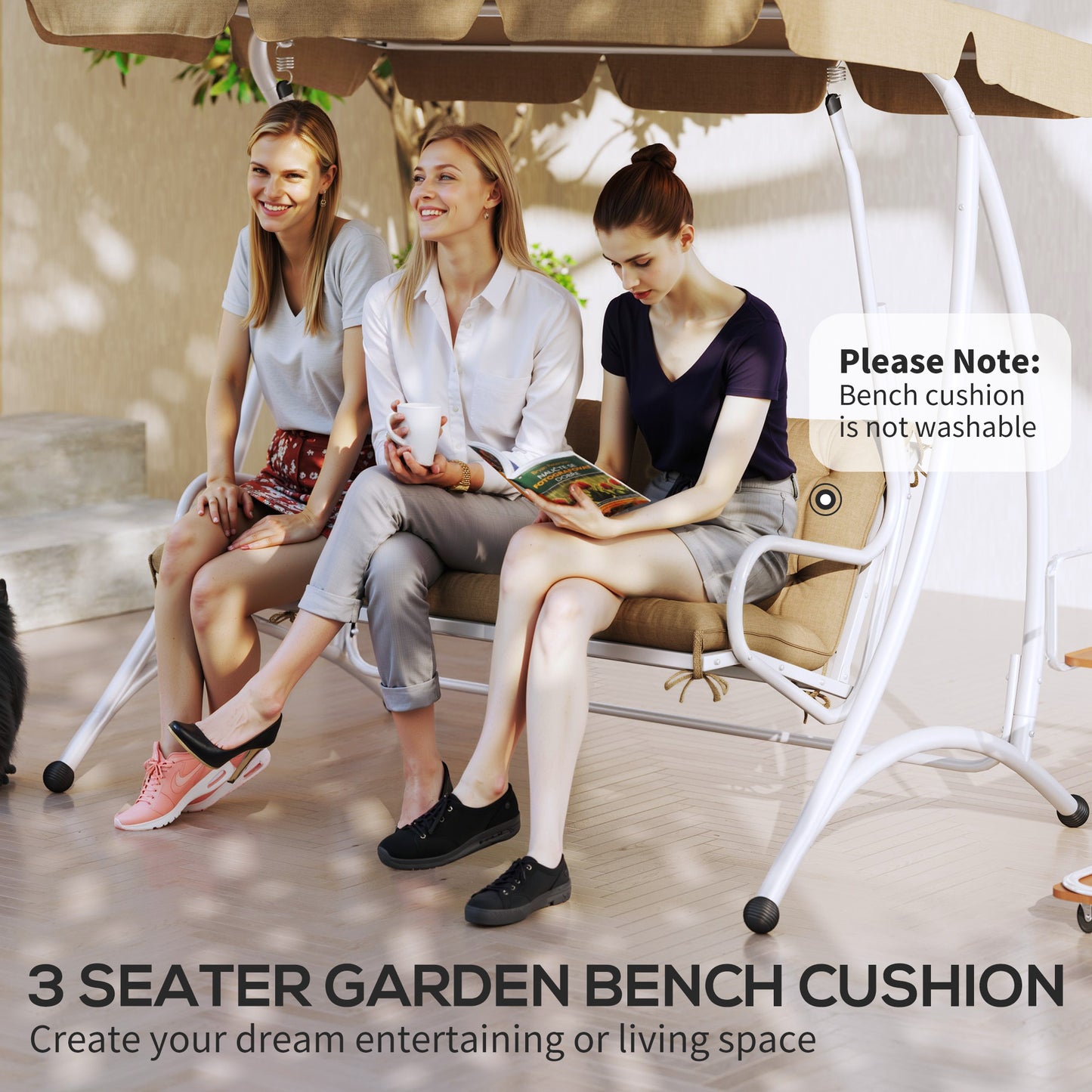 Outsunny Khaki Three-Seater Bench Cushion Splash-Resistant for Outdoor Metal or Wood Furniture
