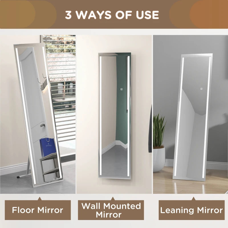 HOMCOM Standing Dressing Mirror with LED Lights, Wall-Mounted Vanity Mirror for Bedroom with Dimmable and 3 Color Lighting Options - White - ALL4U RETAILER LTD