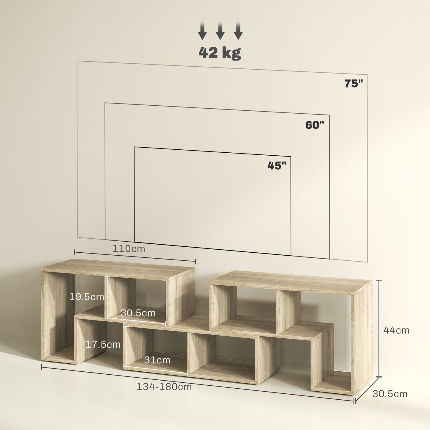 HOMCOM Three Block Modular TV Stand Grey Wood Effect with Six Shelves for Up to 75 Inch TVs