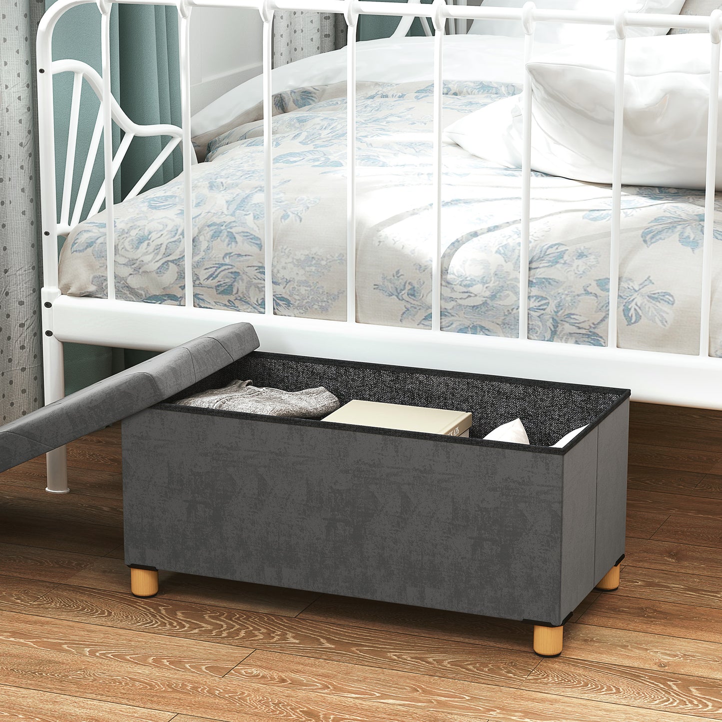 Velvet Upholstered Foldable Storage Ottoman Footrest With Wooden Legs For Living Room Grey