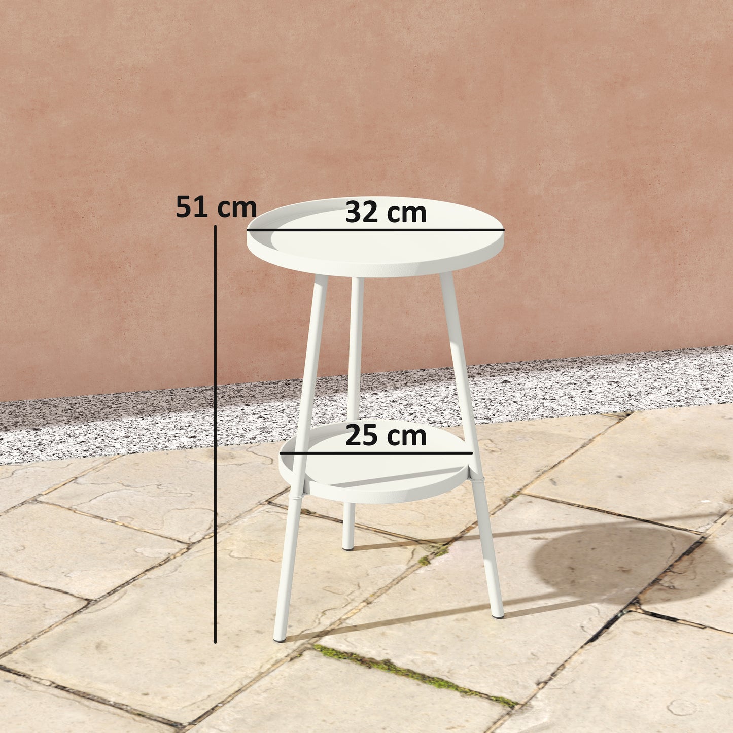 Outsunny White Two Tier Metal Garden Table For Indoor And Outdoor Use Weather Resistant Round Bistro