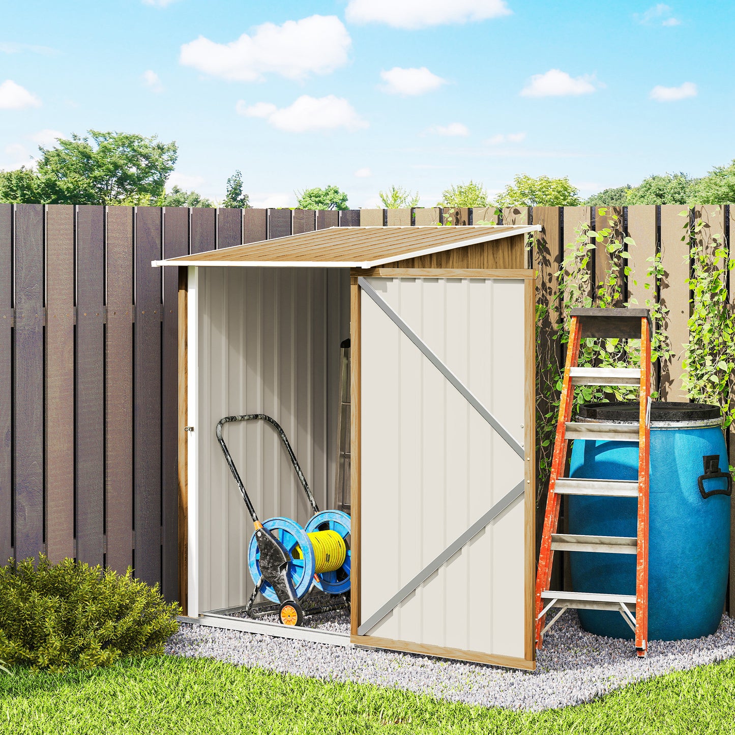 Outsunny Lean To Steel Garden Shed 3.3 By 3.4 Ft With Locking Door Light Brown Wood Effect And White