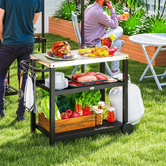 Outsunny Outdoor Grill Cart Three Shelf Movable Table With Stainless Steel Top Portable BBQ Trolley Charcoal Grey