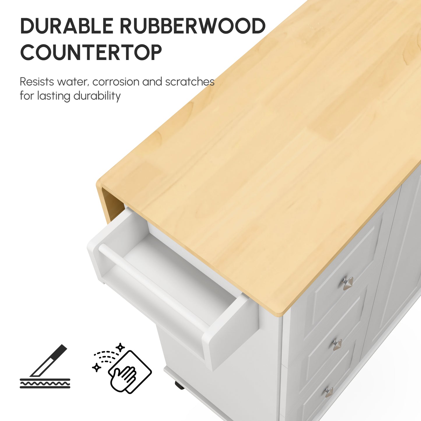HOMCOM Kitchen Island On Wheels With Drop Leaf 3 Drawers Spice Rack And Towel Rack Rubber Wood Top Trolley White