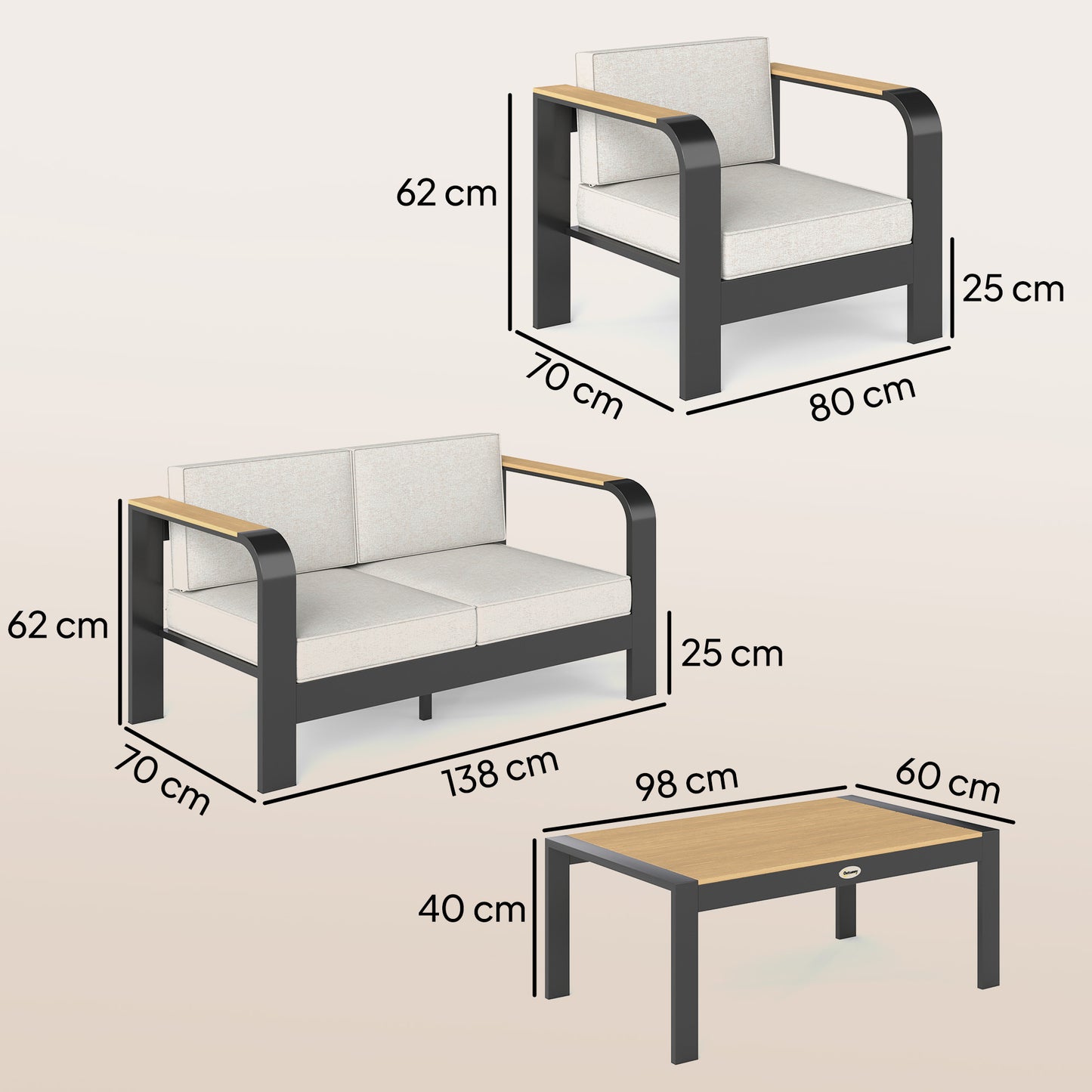 Outsunny 4 Seater Aluminium Garden Furniture Set With Olefin Cushions Beige Sofa Table Loveseat Armchairs