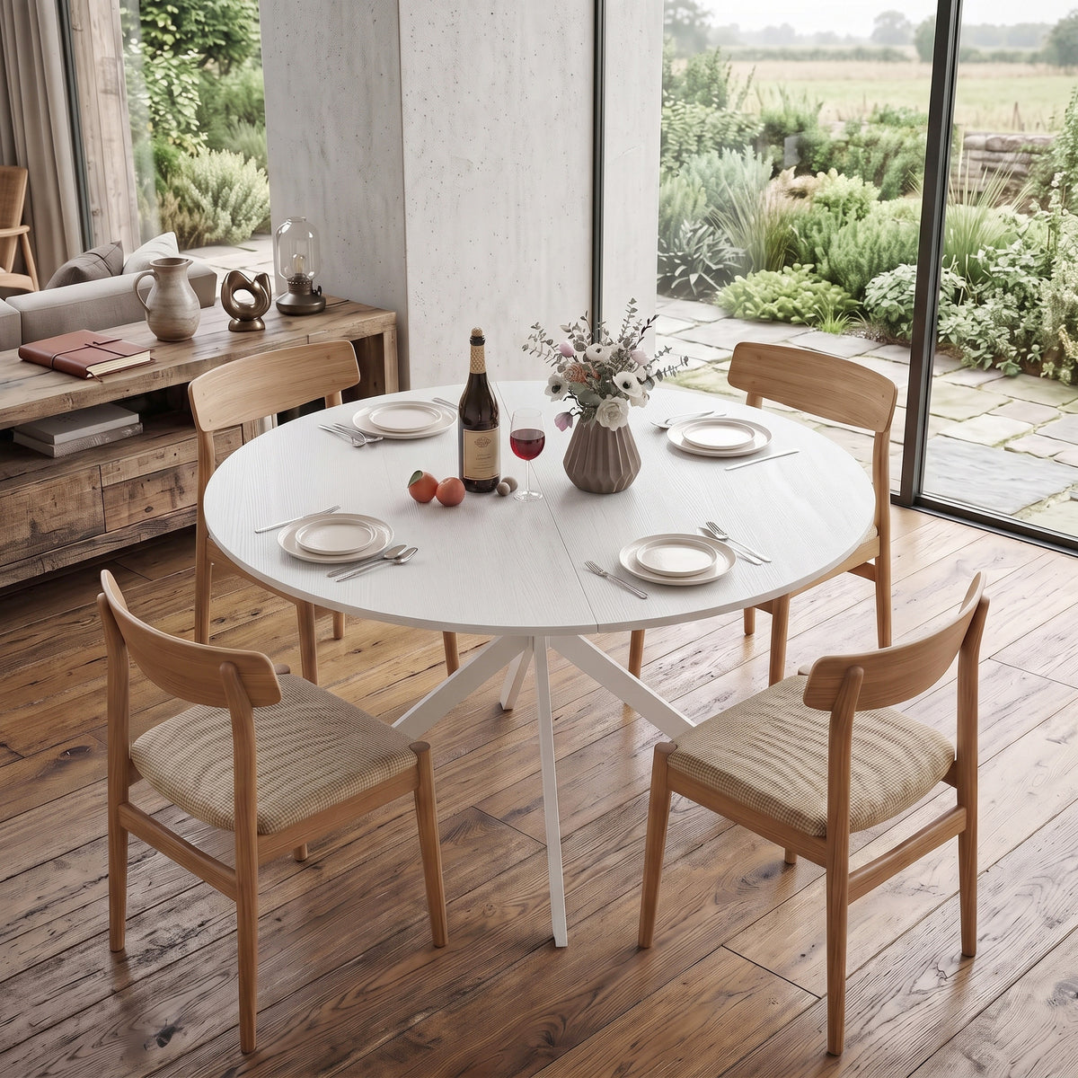 Round dining table with white top, white steel X legs, and wooden chairs