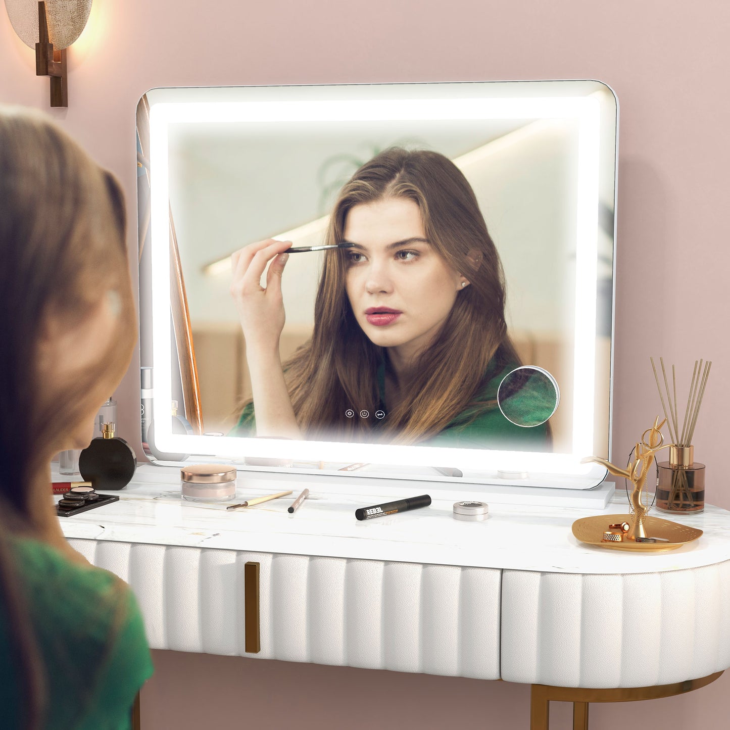 HOMCOM Vanity Mirror With Lights 80x62 Cm Makeup Mirror 3 Colour Temperature 10X Magnification Touch Screen USB Port