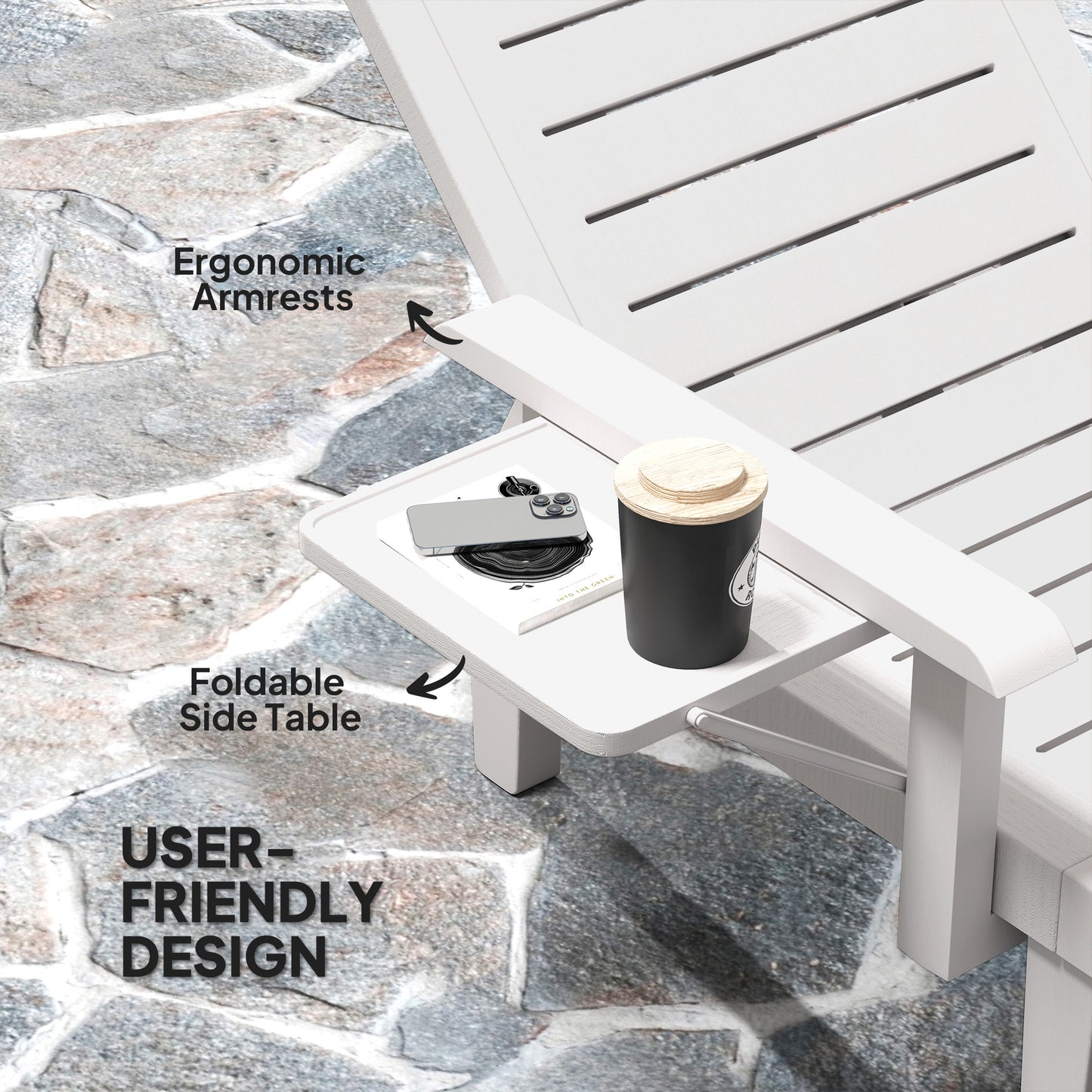 Outsunny Set Of 2 Resin Sun Loungers For Garden With Wood Grain Surface Armrests And Foldable Side Table White