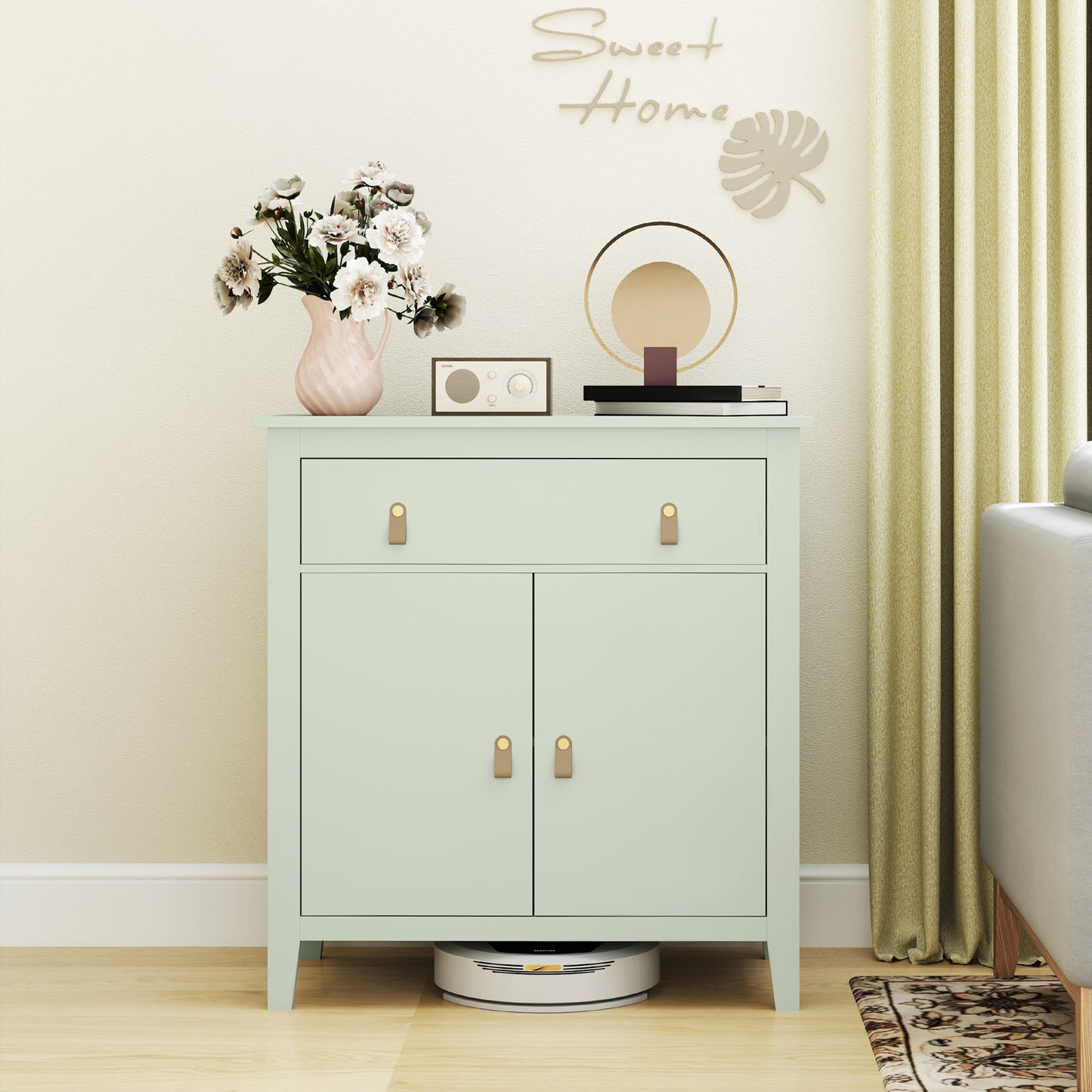 HOMCOM Farmhouse Style Sideboard Light Green With Wood Effect Top And Faux Leather Handles For Kitchen Or Living Room