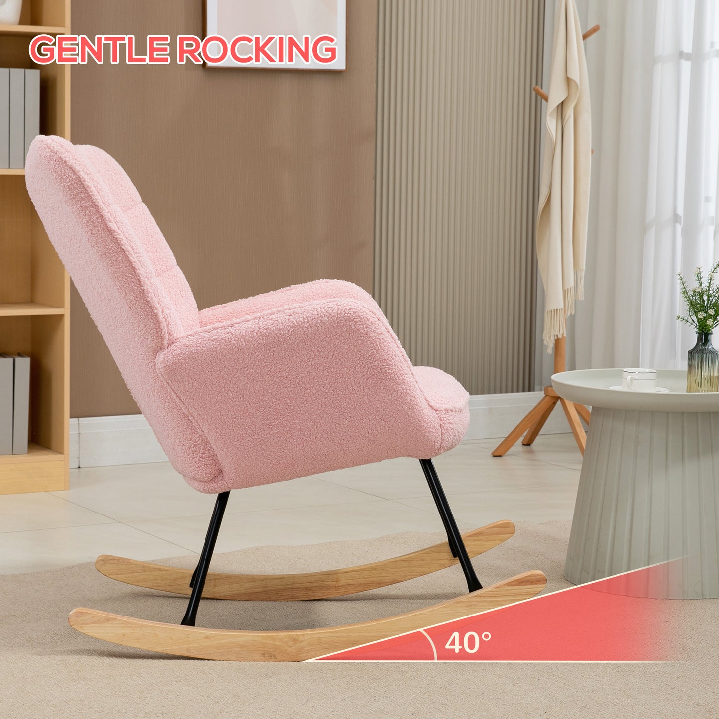 HOMCOM Soft Fleecey Rocking Wingback Chair Pink Large Plush Comfort With High Back And Armrests