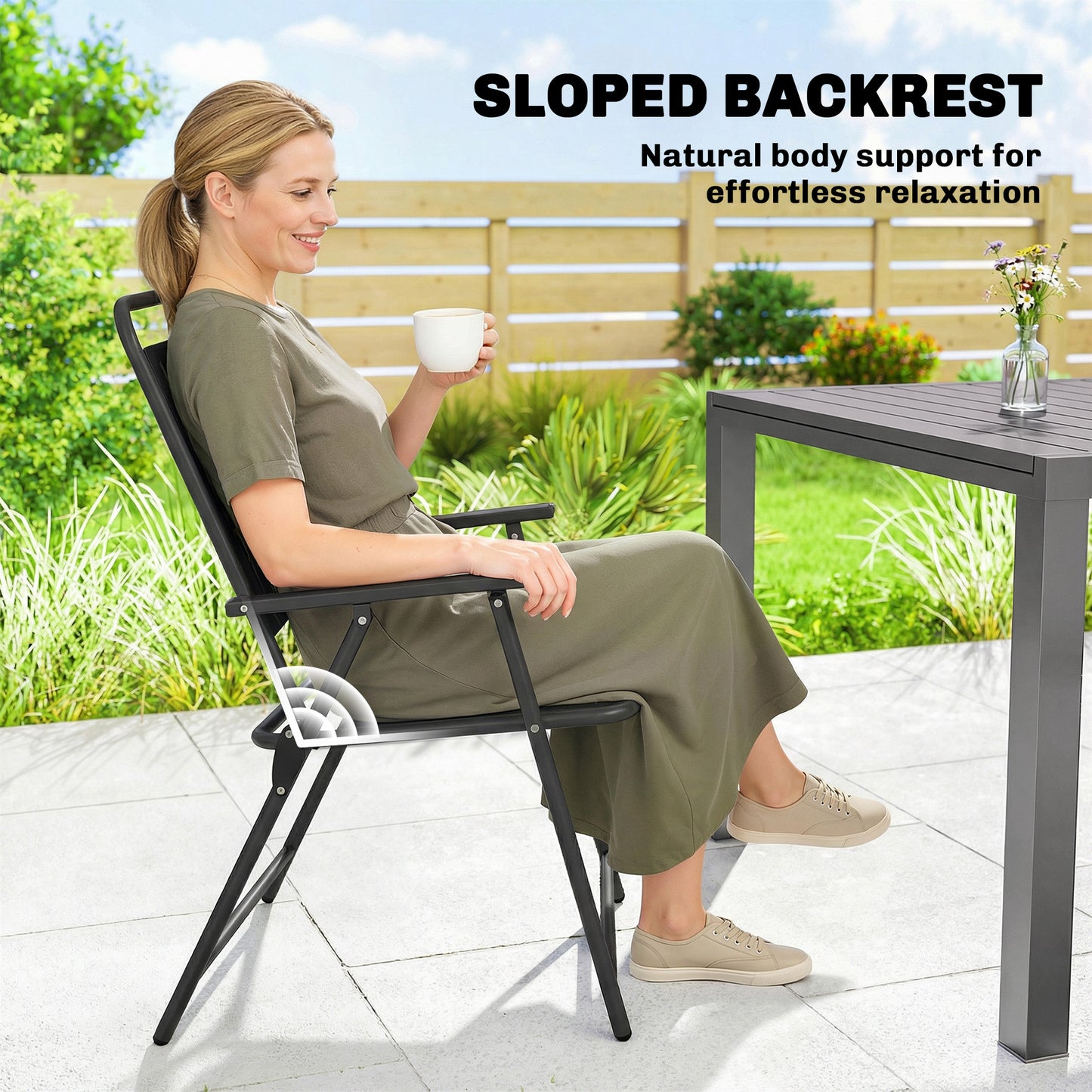 Outsunny Folding Garden Chairs Set Of 4 With Steel Frame Black Plastic Slatted Seats And Armrests For Outdoor Dining