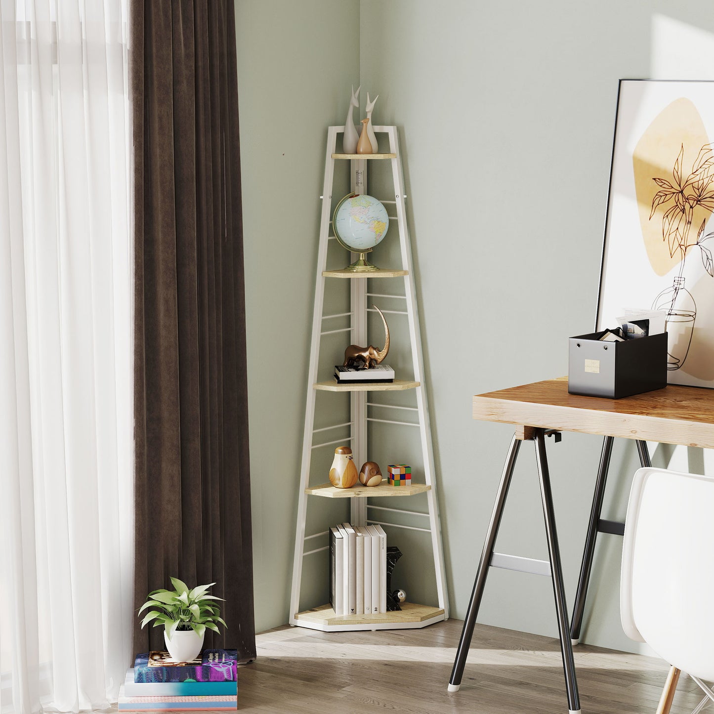 HOMCOM Five Tier Corner Shelf White Wood Effect Steel Frame Ladder Organizer For Living Room Decor With Adjustable Feet