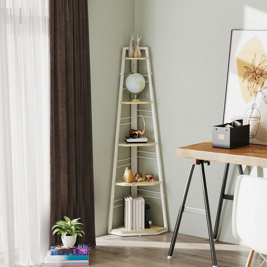 HOMCOM Five Tier Corner Shelf White Wood Effect Steel Frame Ladder Organizer For Living Room Decor With Adjustable Feet