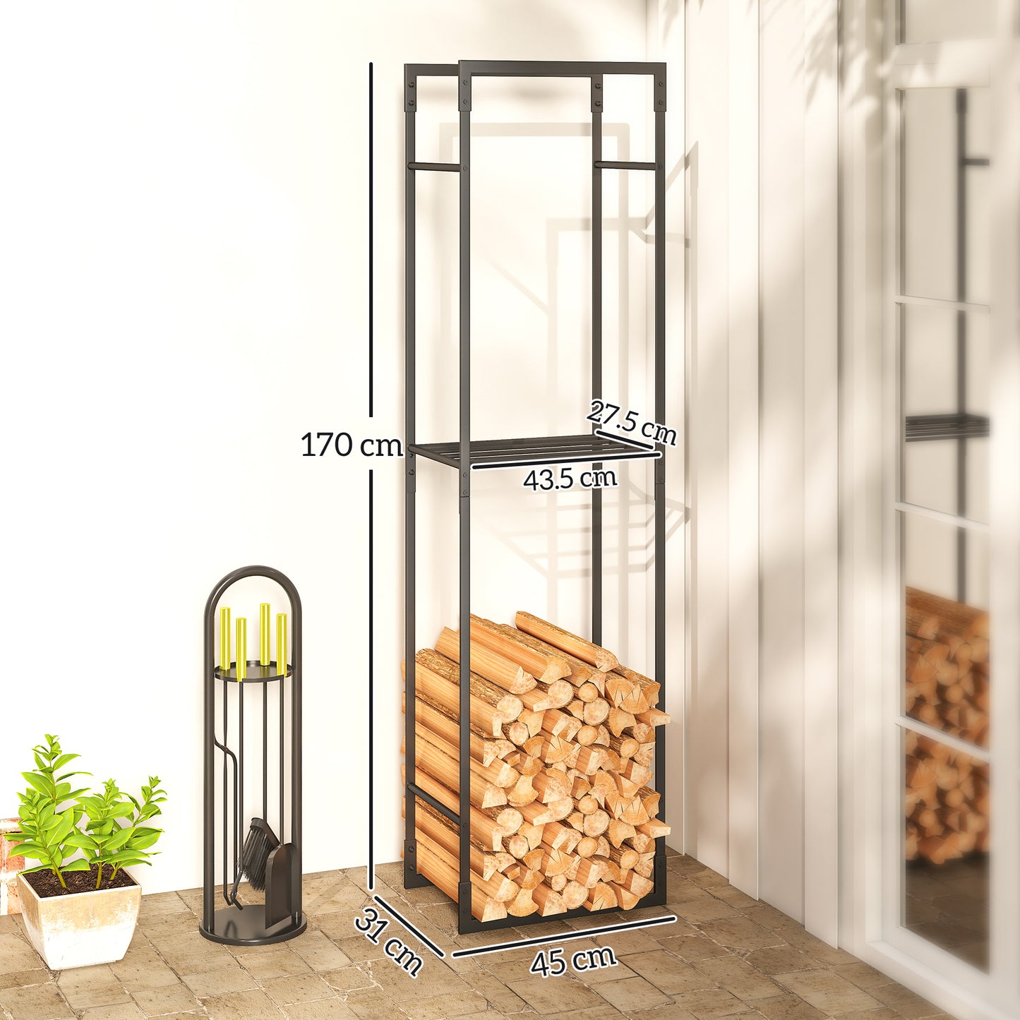 Outsunny Metal Firewood Log Holder With Adjustable Shelf Heavy Duty Log Rack For Indoor Outdoor Use Black