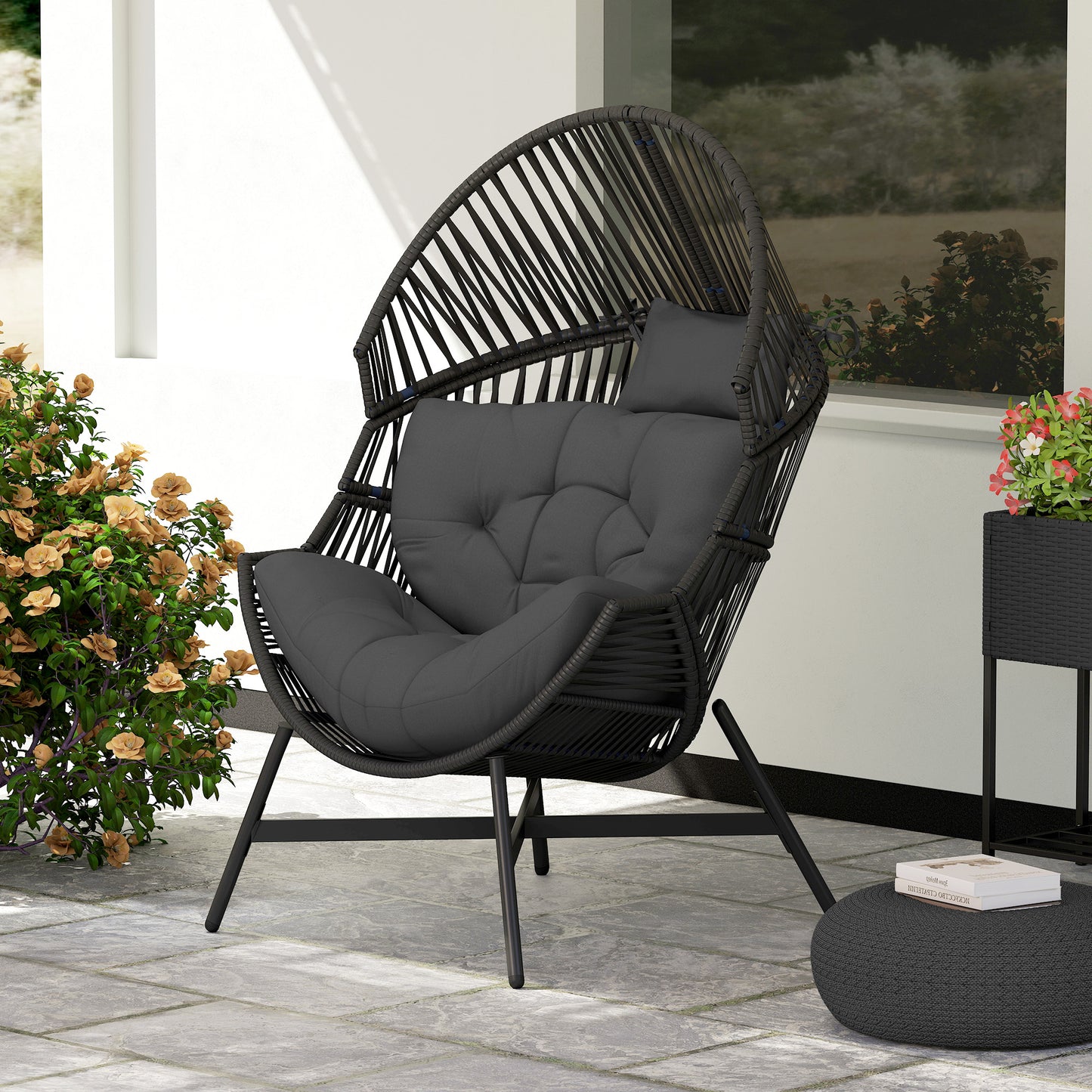 Outsunny Rattan Egg Chair Oversized Freestanding Garden Chair with Thick Tufted Cushion and Headrest Charcoal Grey