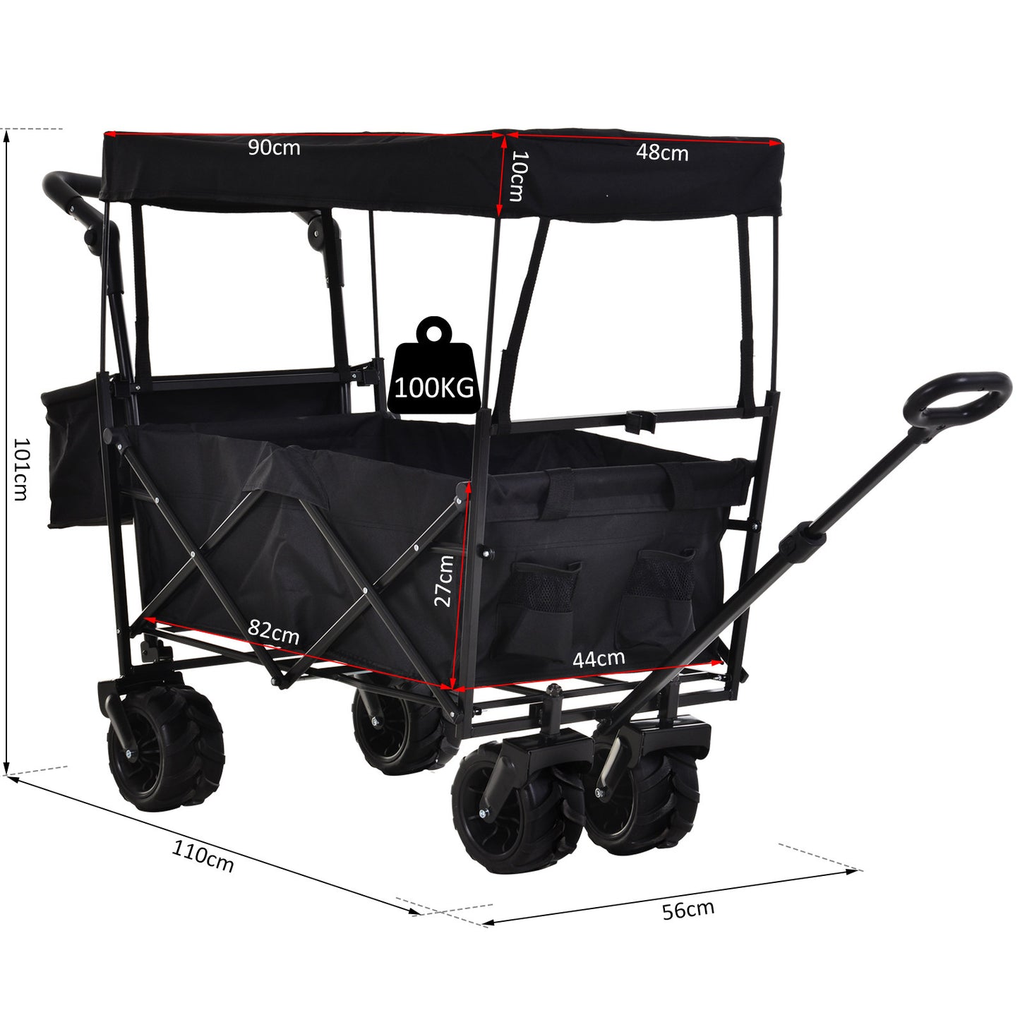 DURHAND Versatile Folding Trolley Cart with Canopy, 4-Wheel Beach and Garden Storage Solution - Black - ALL4U RETAILER LTD