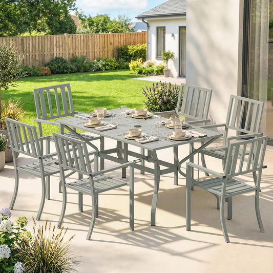 Outsunny 7 Piece Garden Table And Chairs Set With Umbrella Hole 6 Seater Outdoor Dining Set In Light Grey