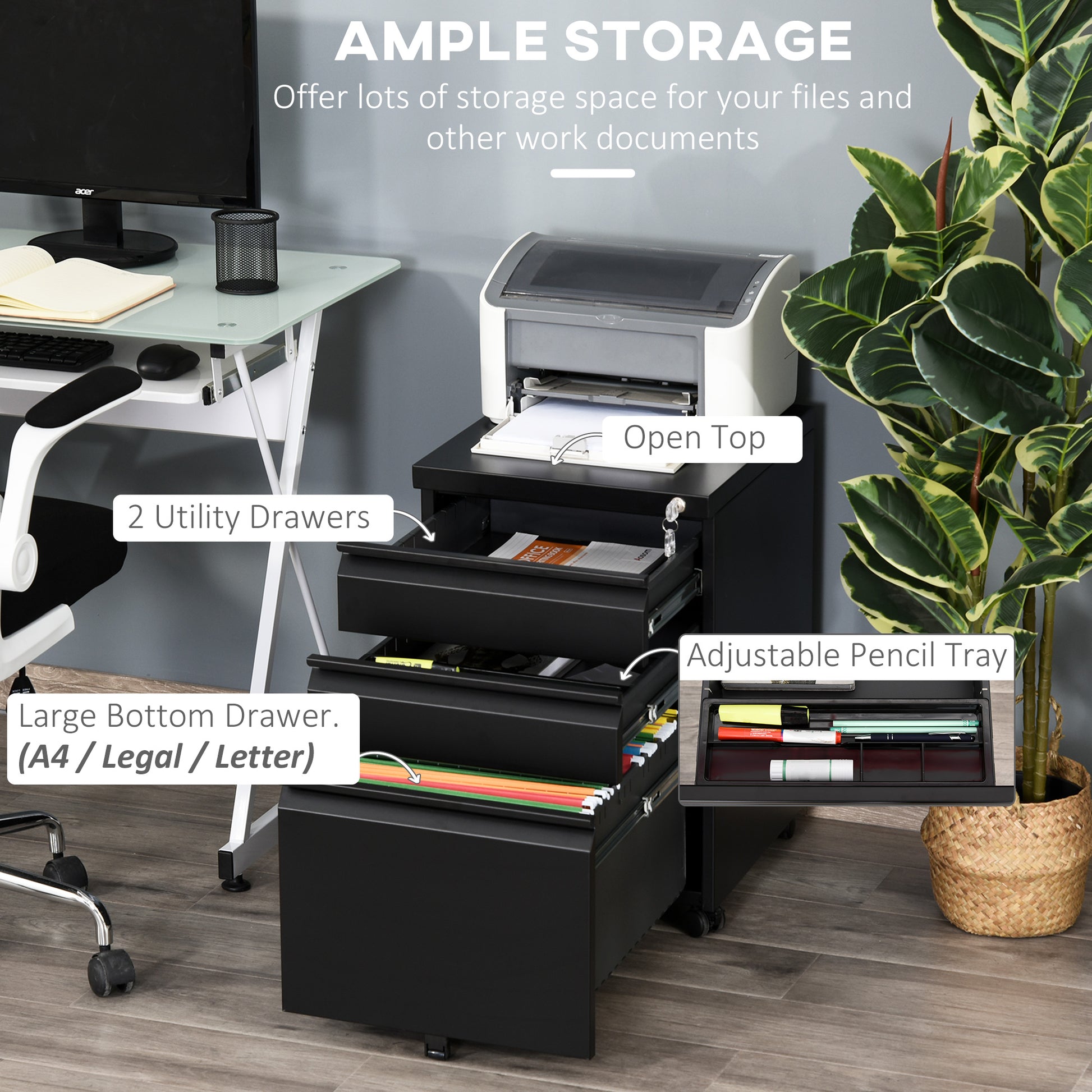 Vinsetto Lockable Mobile Filing Cabinet with 3 Drawers - Vertical Design for A4, Letter & Legal Files, Fully Assembled Metal Storage Solution - ALL4U RETAILER LTD