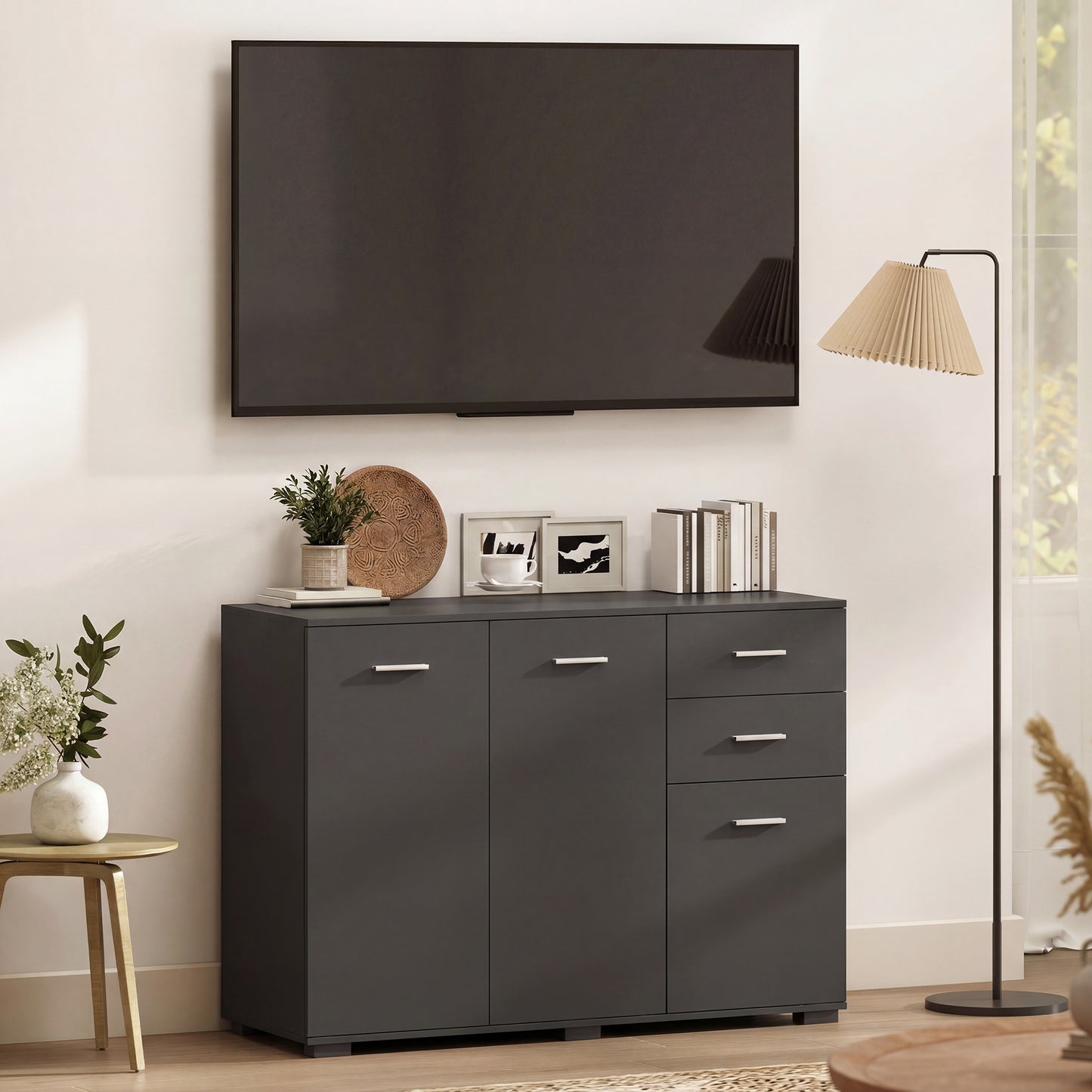 HOMCOM Modern Black Sideboard Storage Cabinet With 2 Drawers 3 Doors And Adjustable Shelves Flat Top