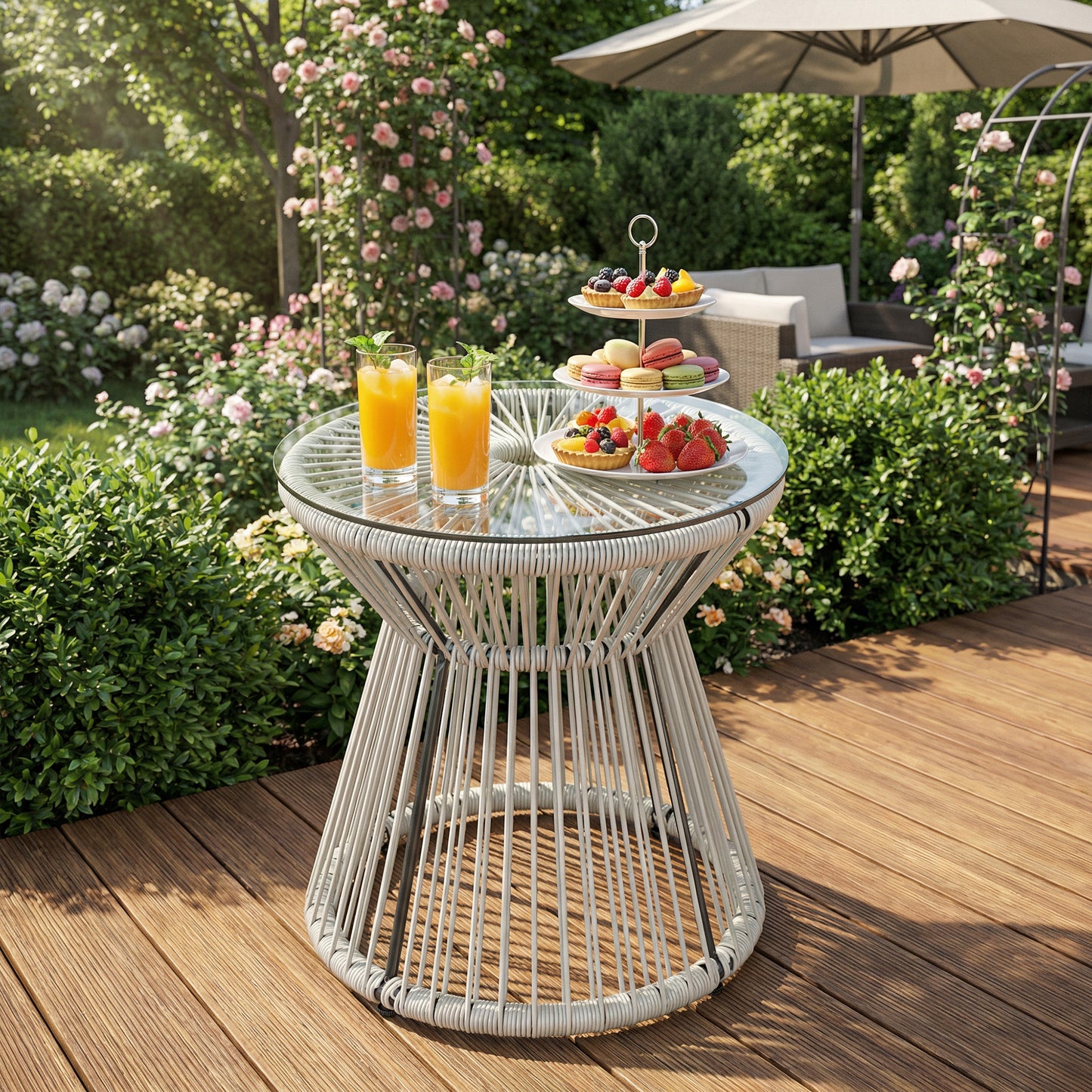 Outsunny Rattan Outdoor Coffee Table With PE Rattan Wicker And Tempered Glass Top In Light Grey