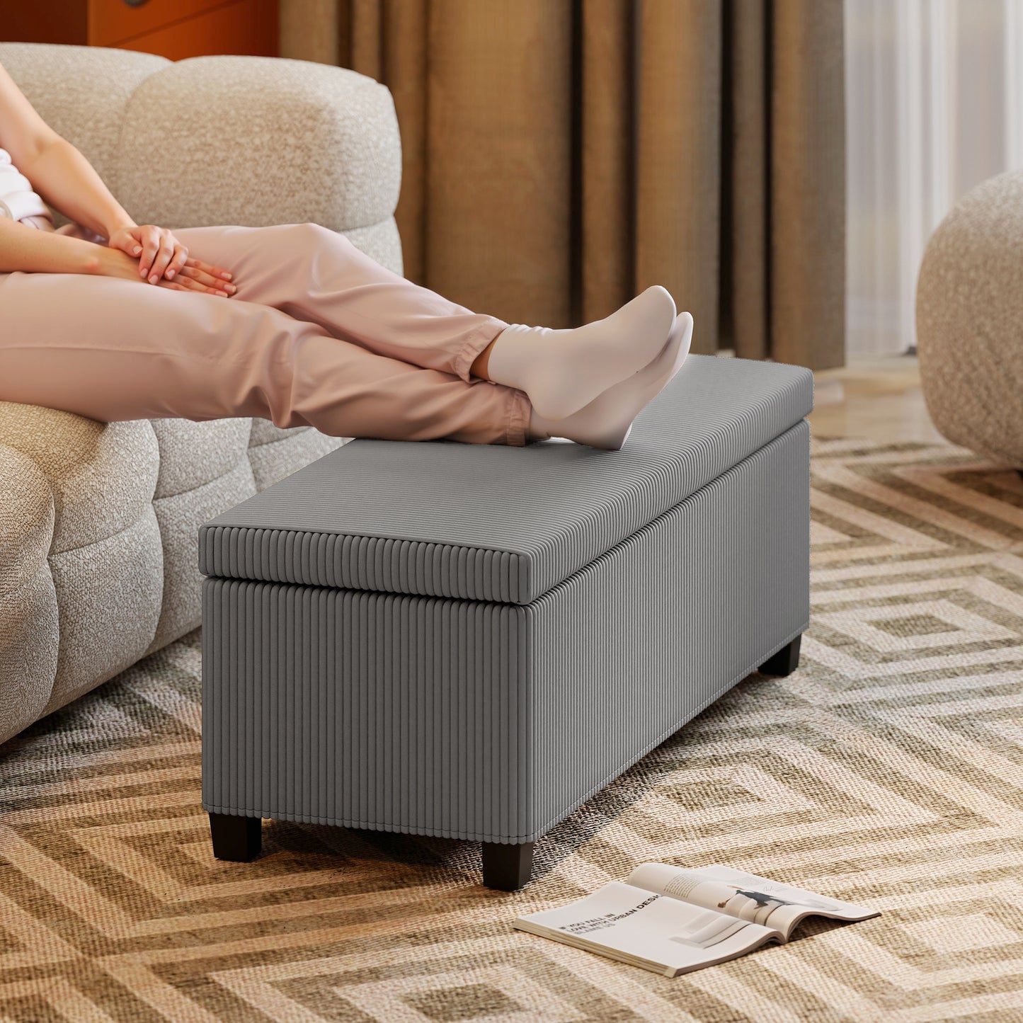 HOMCOM 84L Corduroy Storage Ottoman Grey Padded Top With Generous Storage For Bedroom And Living Room