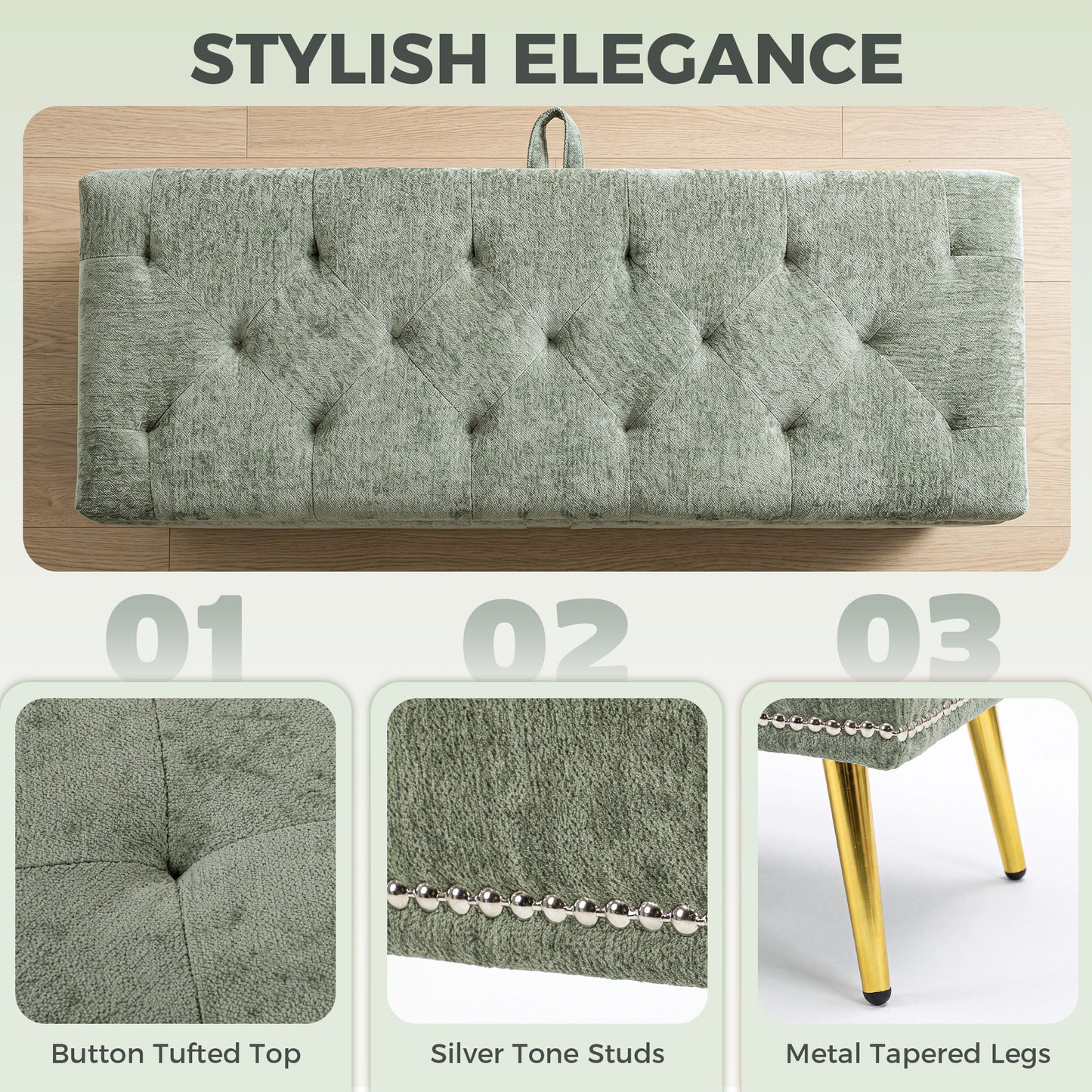HOMCOM Storage Ottoman Chenille Upholstered Box With Padded Seat And Metal Legs Light Green 114x41x45 cm