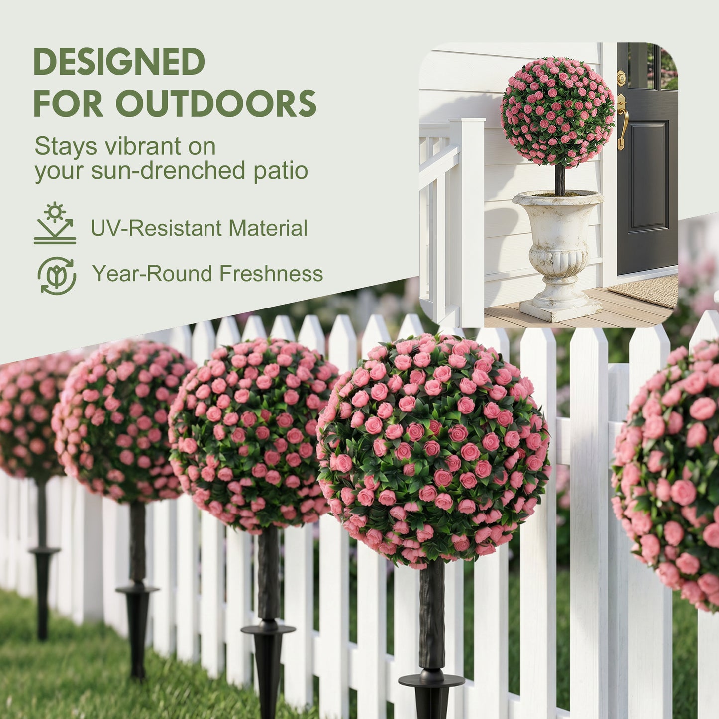 HOMCOM UV Resistant Artificial Rose Topiary 2 Pack Pink 55 CM Tall Outdoor Indoor Decor