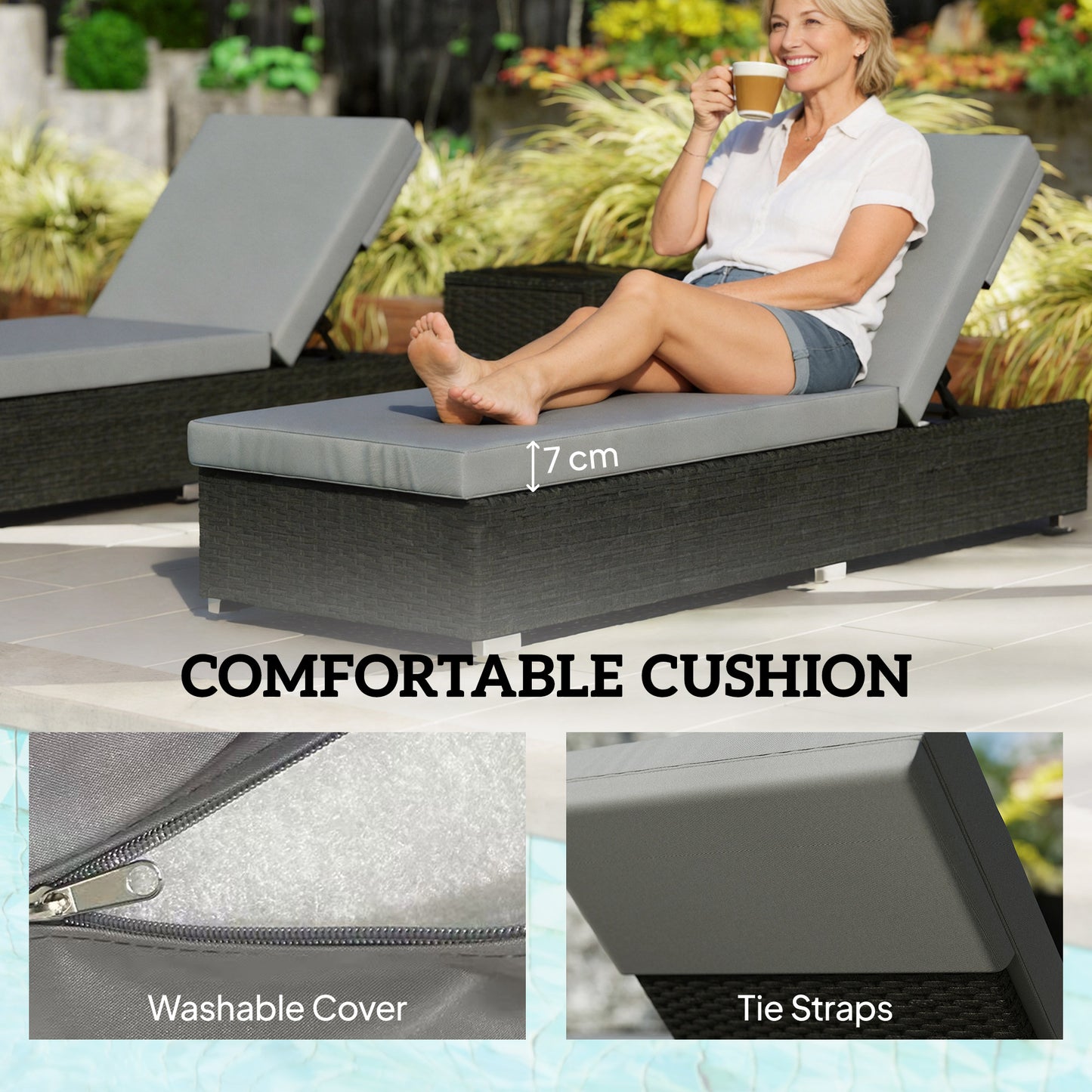 Outsunny Rattan Sun Loungers Set Of 2 With Side Table Garden Recliner Sunbeds Adjustable Back Cushions Dark Grey