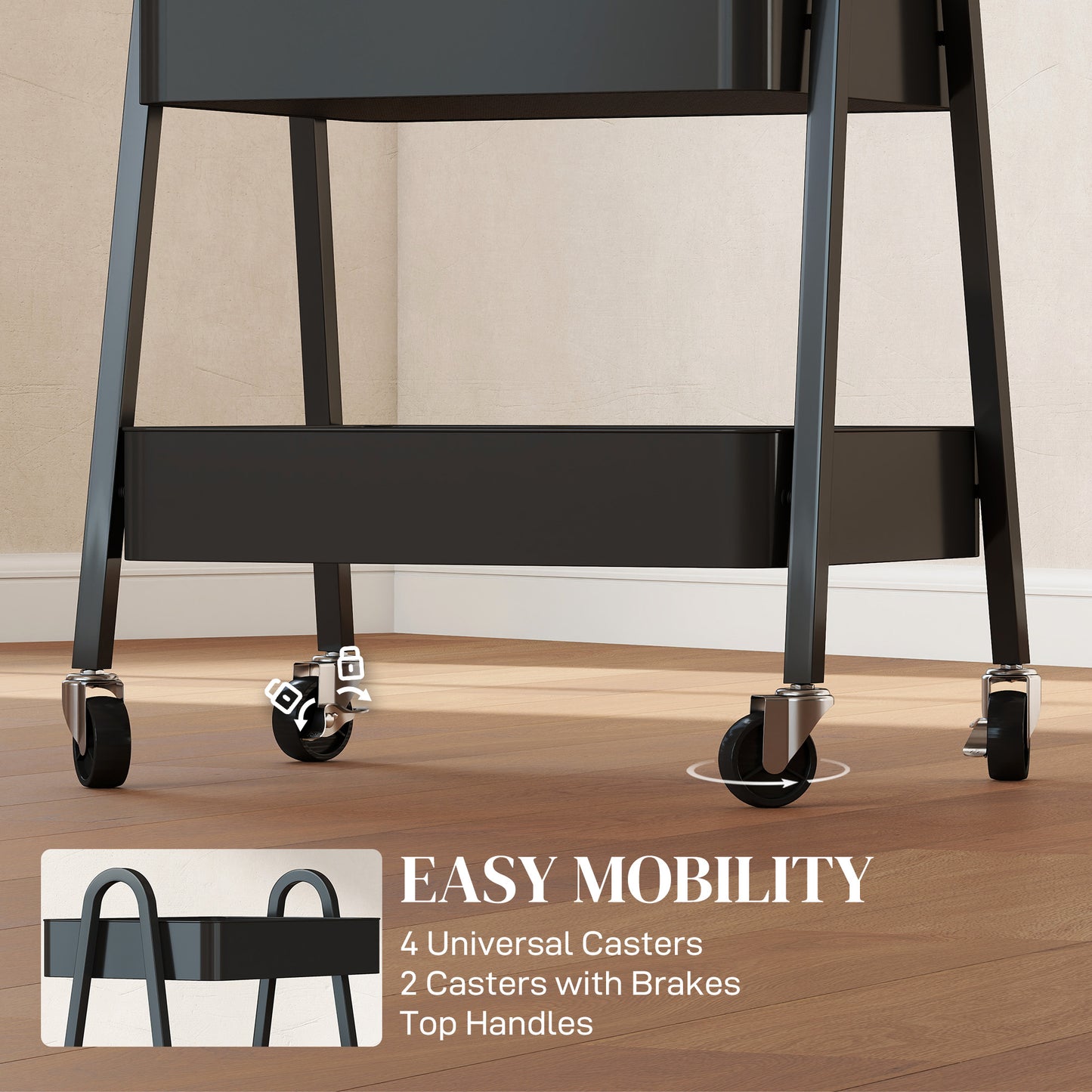HOMCOM Three Tier Storage Trolley On Wheels With Mesh Bottom Trays For Kitchen Home Office Black