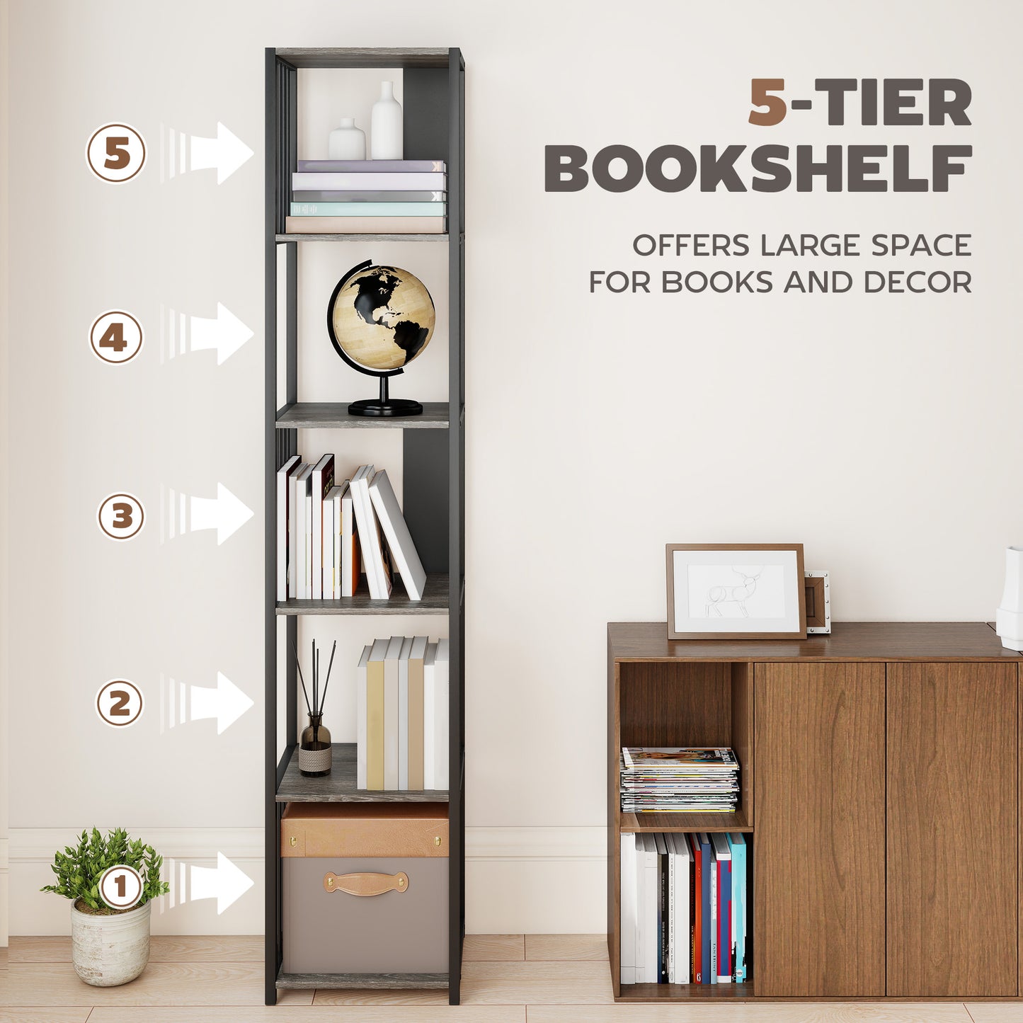 Homcom 5 Tier Bookshelf With Steel Frame Grey Wood Effect MDF Black Steel Anti Tip Straps Holds 60 Kg