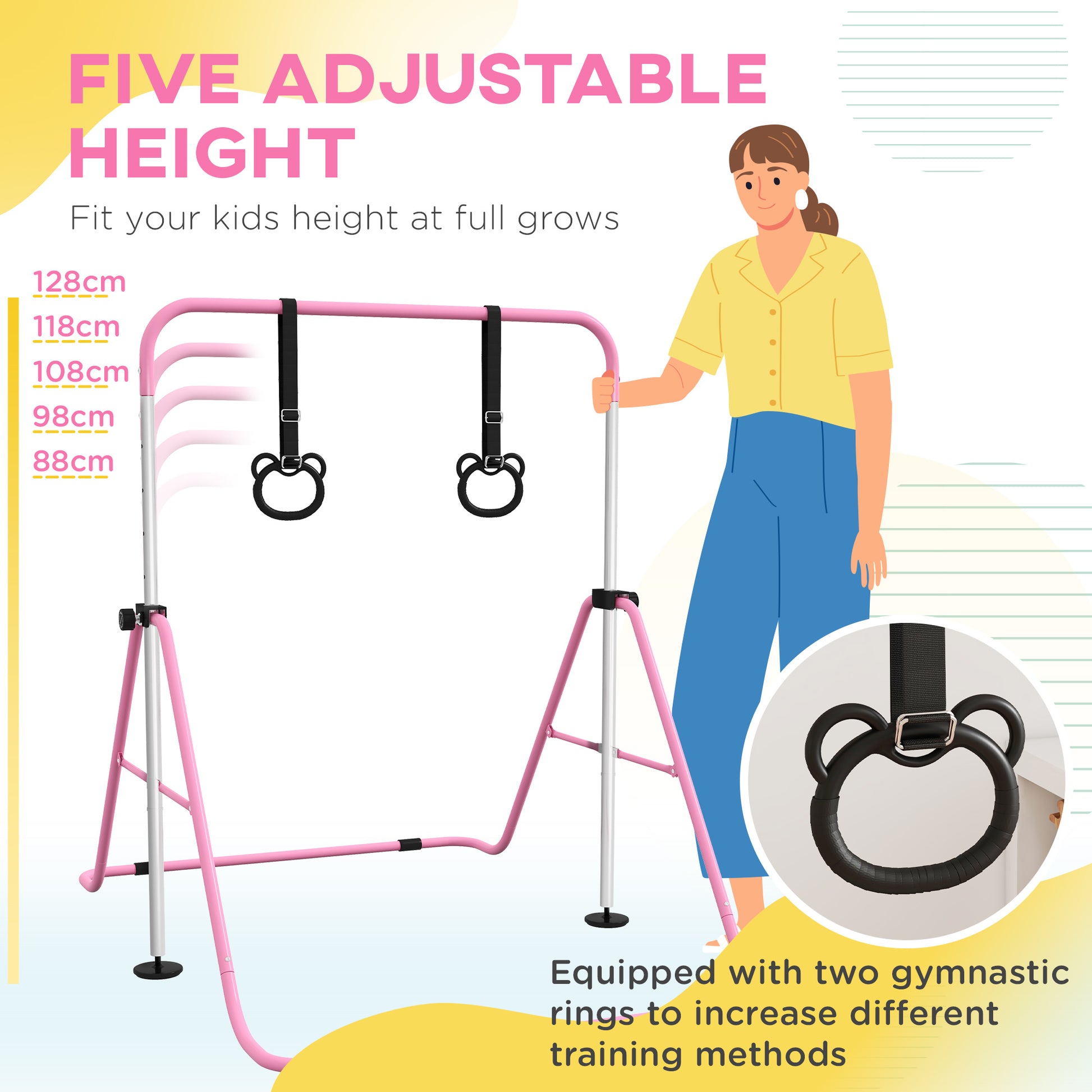 ZONEKIZ Foldable Adjustable Height Kids Gymnastics Bar with Non-Slip Mats - Pink, Ideal for Ages 3+ - ALL4U RETAILER LTD