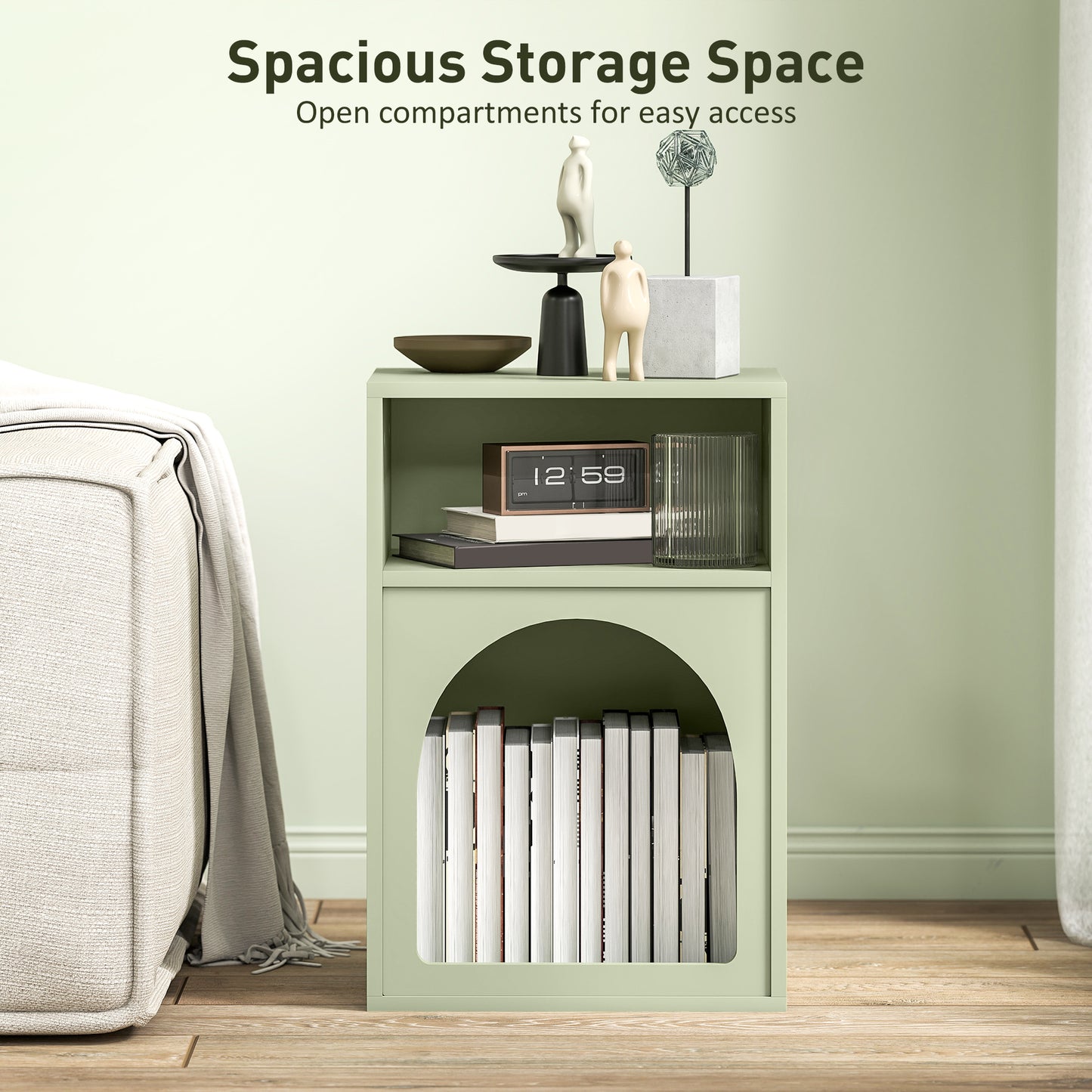 HOMCOM Bedside Table With Two Open Compartments Arch Design Light Green End Table For Small Spaces