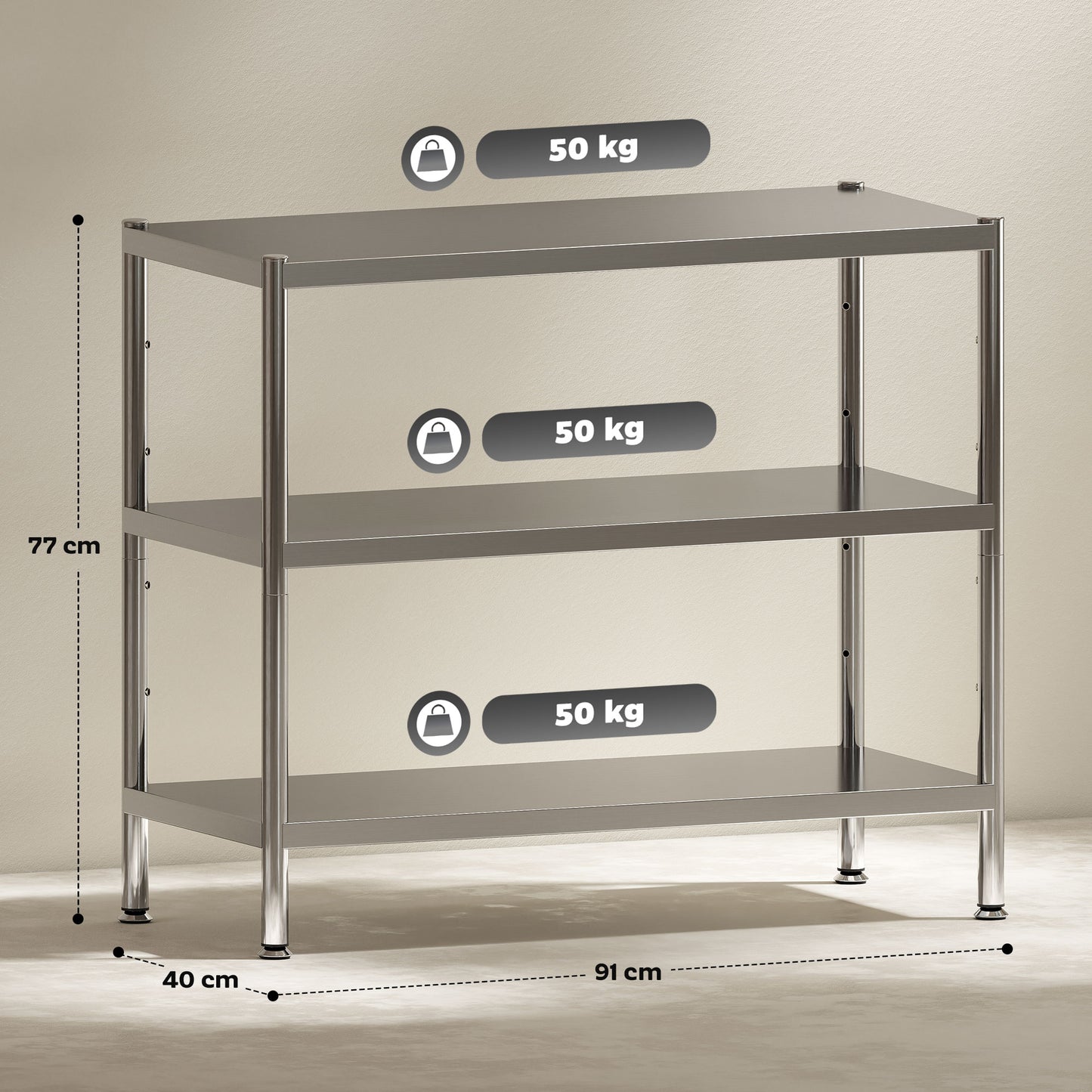 HOMCOM 3-Tier Bakers Rack With Storage Stainless Steel Microwave Stand Adjustable Shelves For Small Spaces Silver Tone