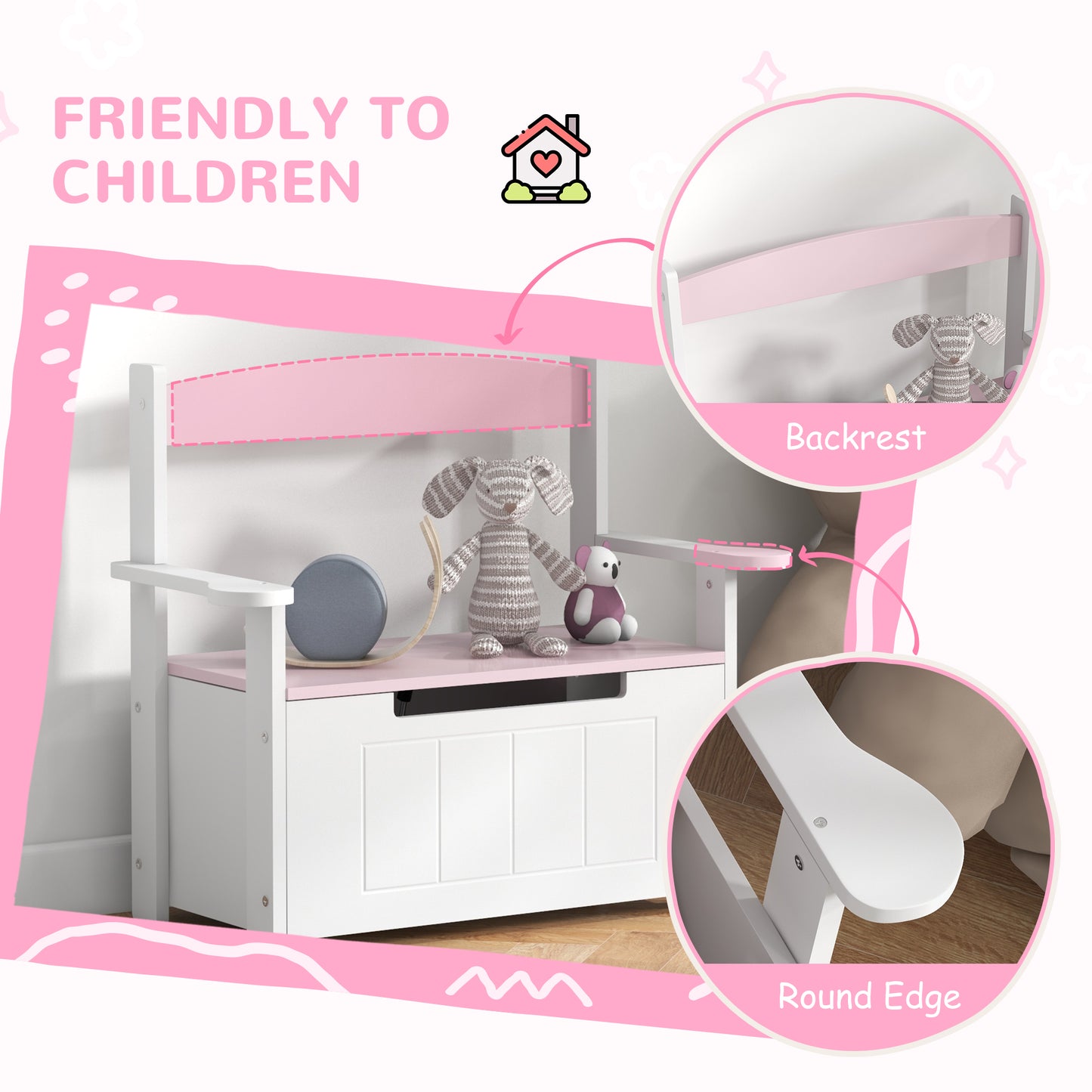 AIYAPLAY 2 In 1 Toy Box With Lid Kids Storage Bench Pink For Bedroom Nursery Playroom