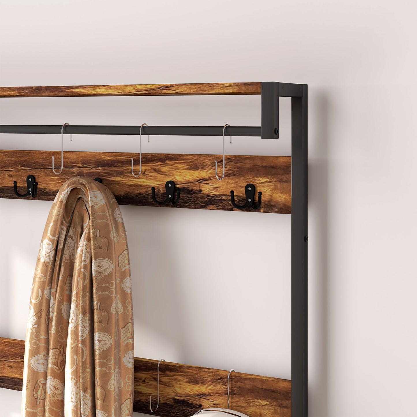 HOMCOM Industrial Style Hallway Tree With Bench 15 Coat Hooks Two Shoe Racks And Two Fabric Drawers Brown Black