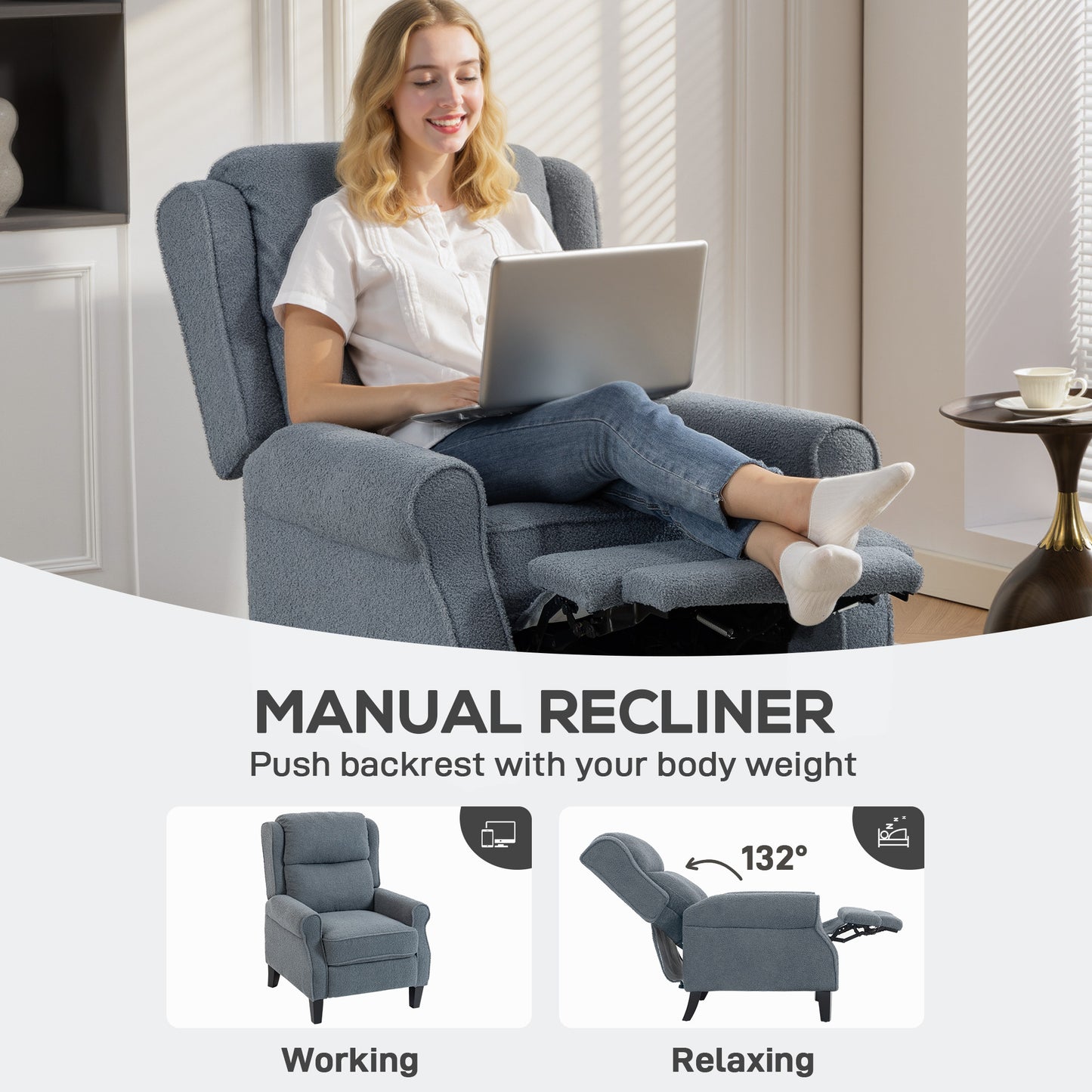 HOMCOM Recliner Armchair With Extended Leg Rest Grey Teddy Fleece Fabric For Tall People 132 Degree Manual Recline
