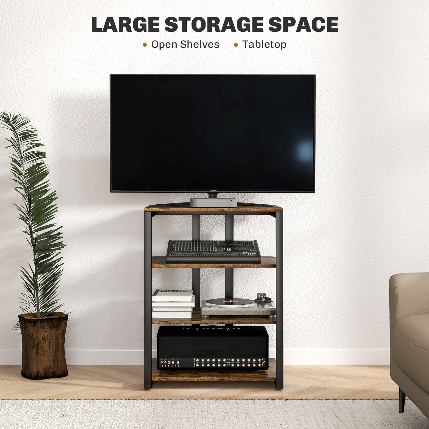 HOMCOM HiFi Stand With Four Adjustable Storage Shelves Rustic Brown Finish Sturdy Steel Frame for Audio Video Equipment