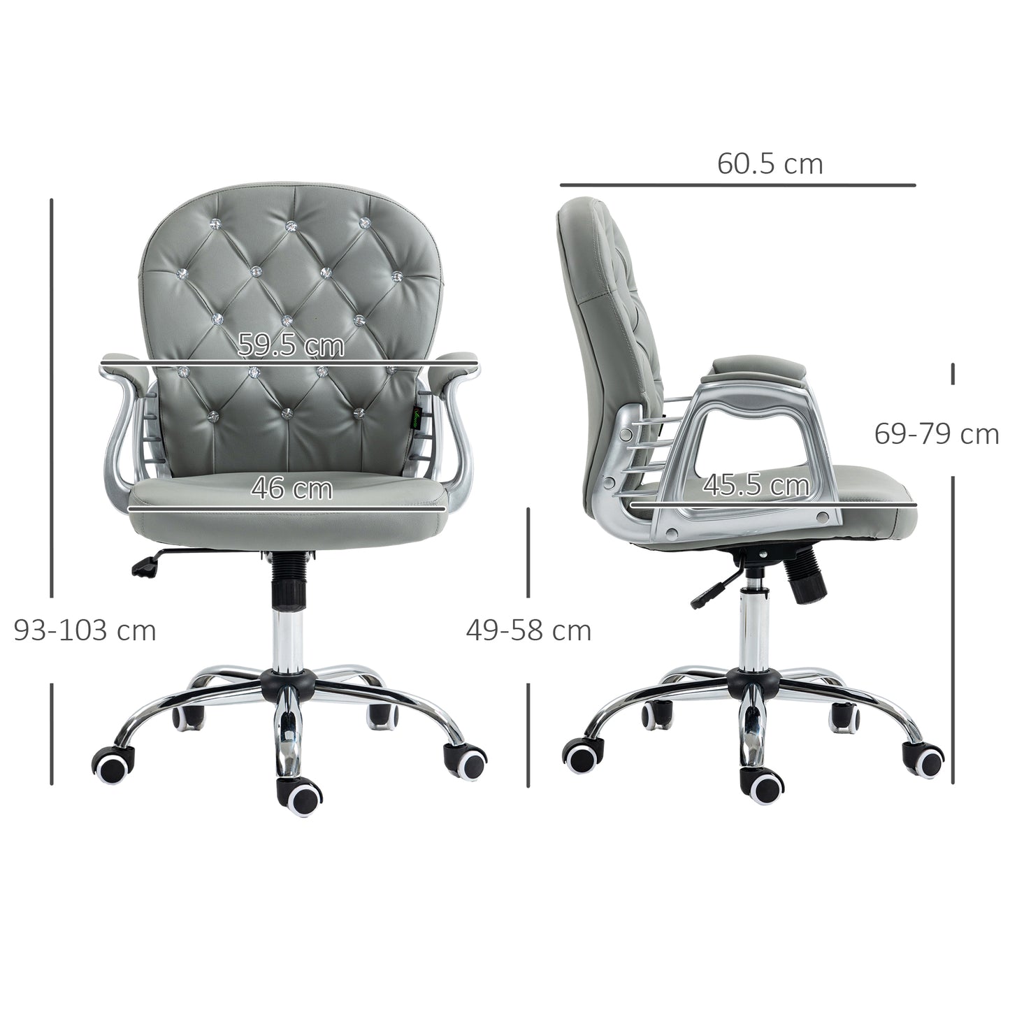 Vinsetto Glamorous Grey Ergonomic Office Chair with 360° Swivel and Diamante Detailing - ALL4U RETAILER LTD