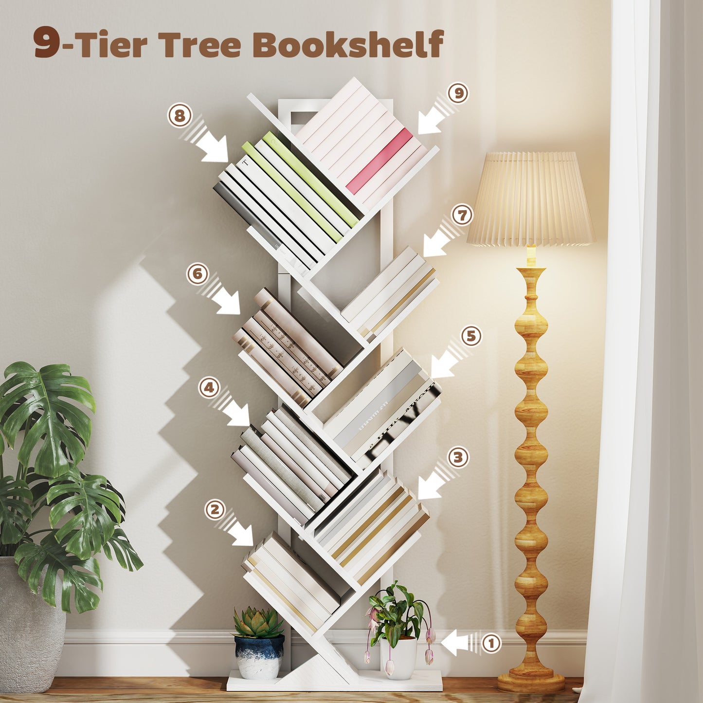 HOMCOM 9-Tier Tree Bookshelf Bookcase Freestanding Industrial Steel Frame Display Storage White