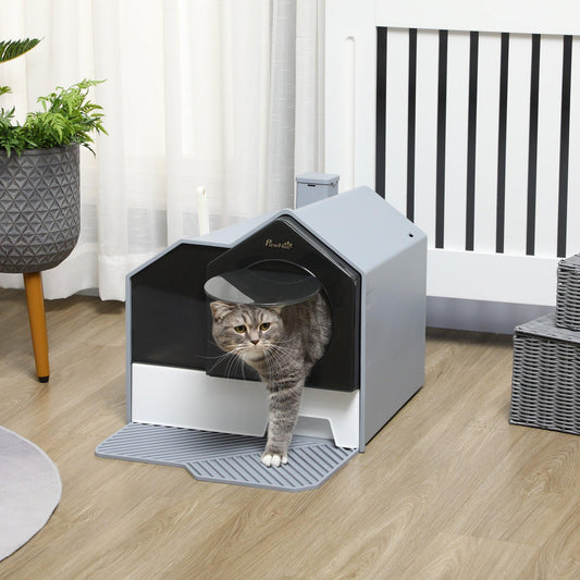 PawHut Hooded Cat Litter Box with Scoop, Drawer Pan, Deodorants - Grey - ALL4U RETAILER LTD