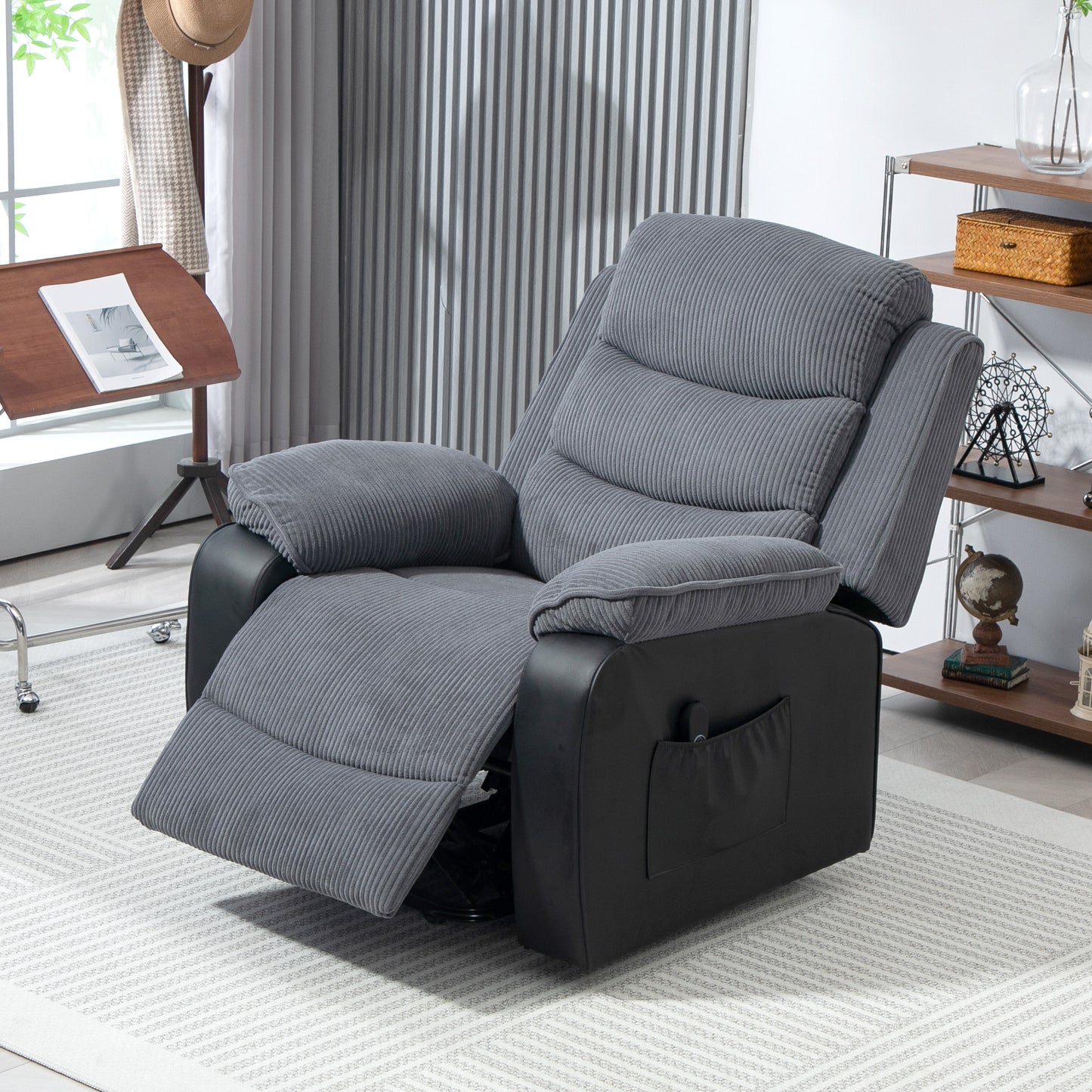 HOMCOM Overstuffed Corduroy Electric Lift Chair Dark Grey with USB Port and Recline to 150 Degrees
