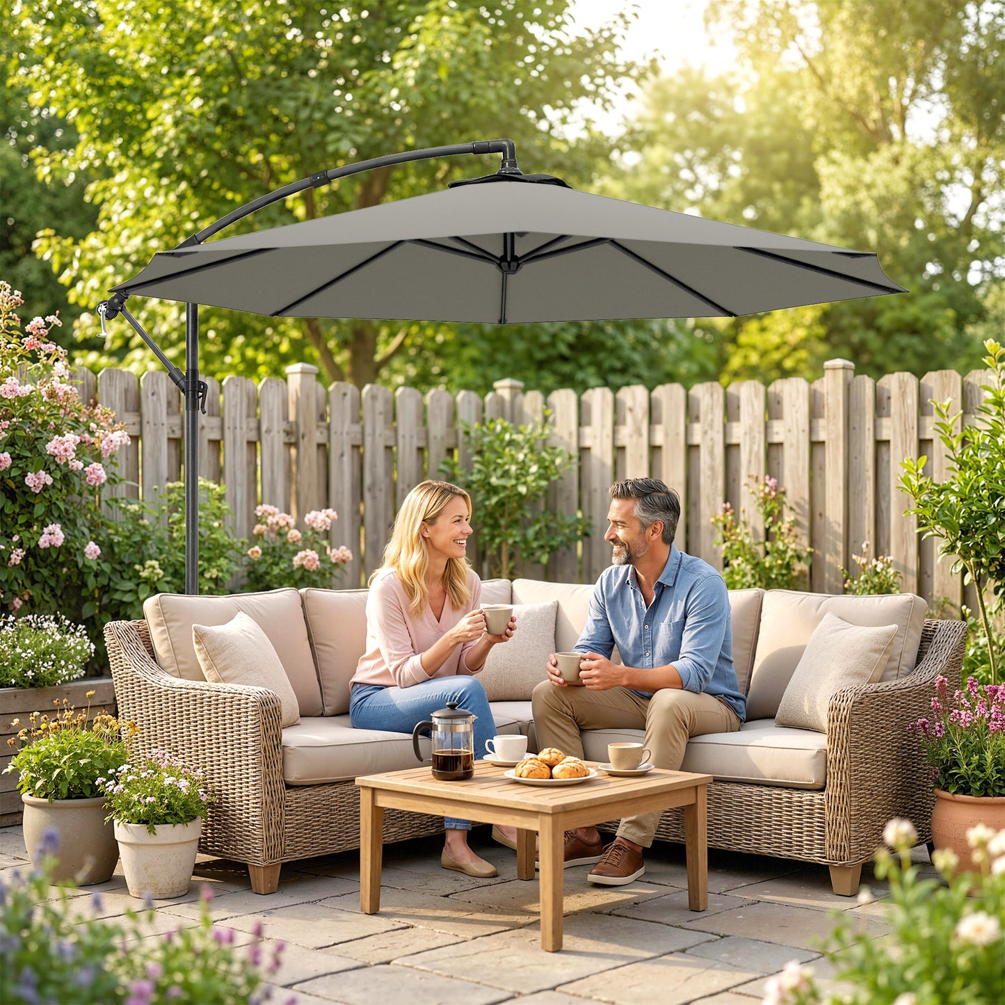 Outsunny 3M Overhanging Cantilever Parasol With Cross Base Light Grey Outdoor Umbrella For Patio