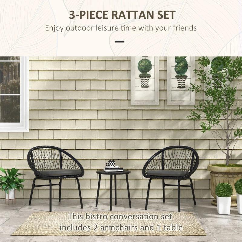 Outsunny 3 Piece Garden Furniture Set with Cushions - Round PE Rattan Bistro Set with 2 Armchairs & Metal Plate Coffee Table - Conversation Furniture Sets in Black - ALL4U RETAILER LTD