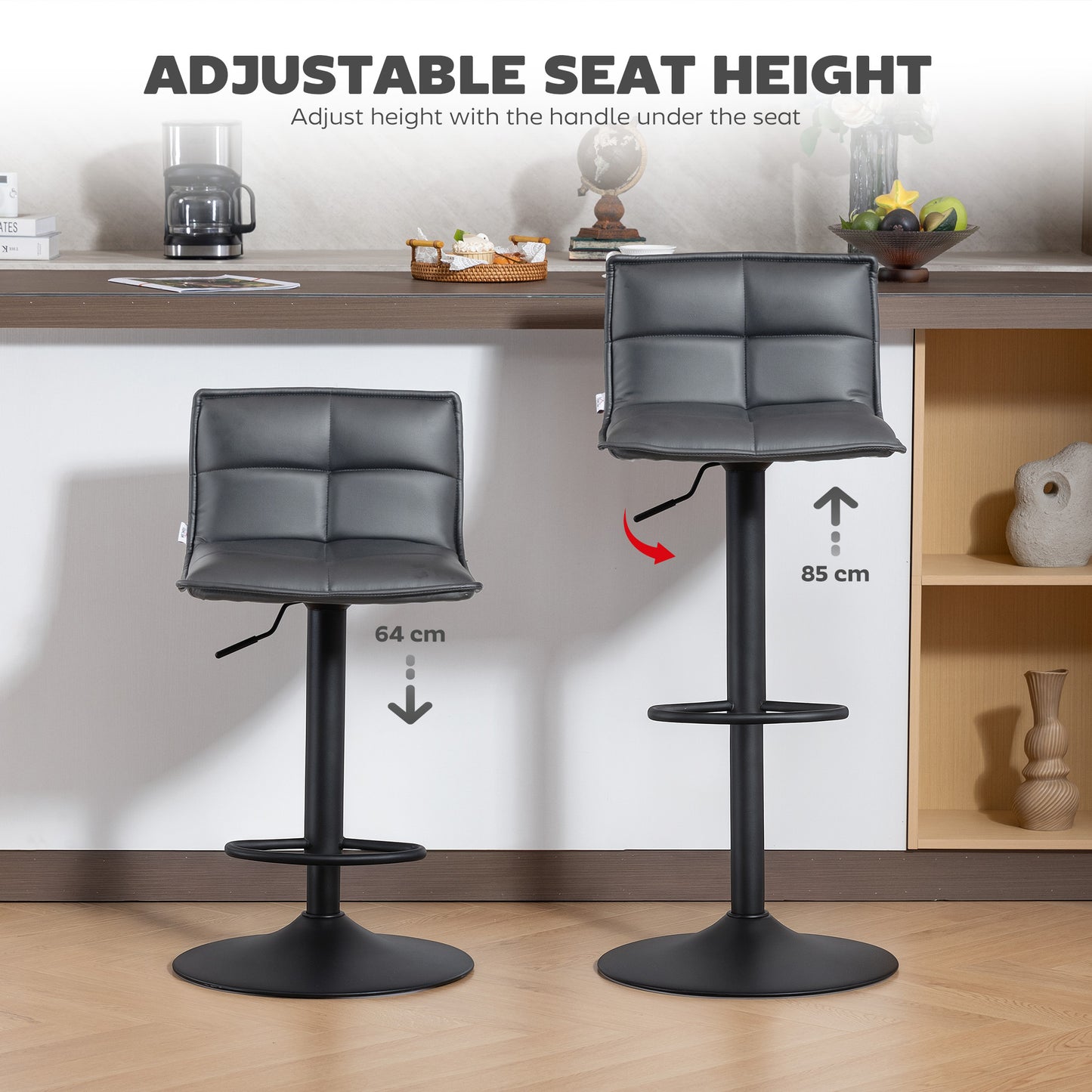 HOMCOM Set of Two Modern Faux Leather Bar Stools with Gas Lift and 360 Degree Swivel Dark Grey